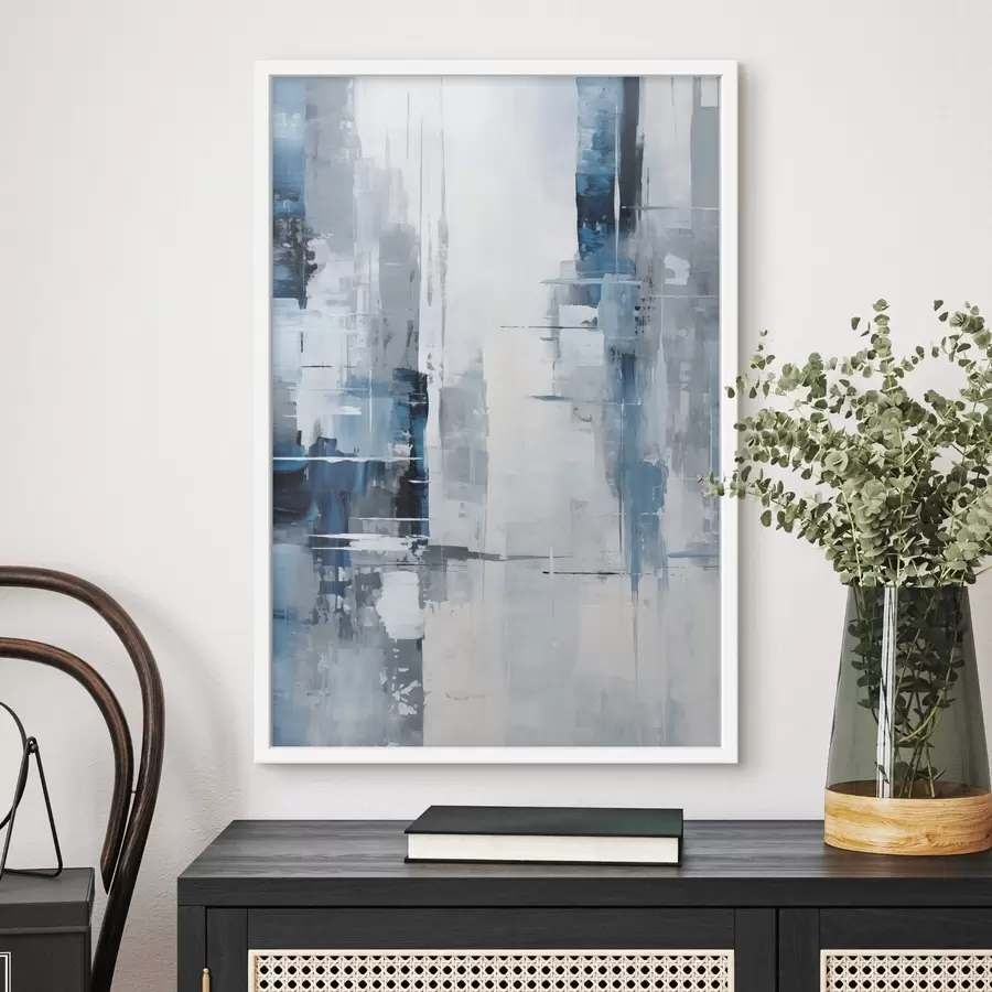 Papier peint Imitation de peinture abstraite avec des couleurs bleues, grises et blanches, des lignes verticales et des formes géométriques f45926