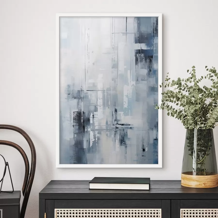 Papier peint Imitation de peinture abstraite avec des couleurs bleues, grises et blanches, des lignes verticales et des formes géométriques f45927