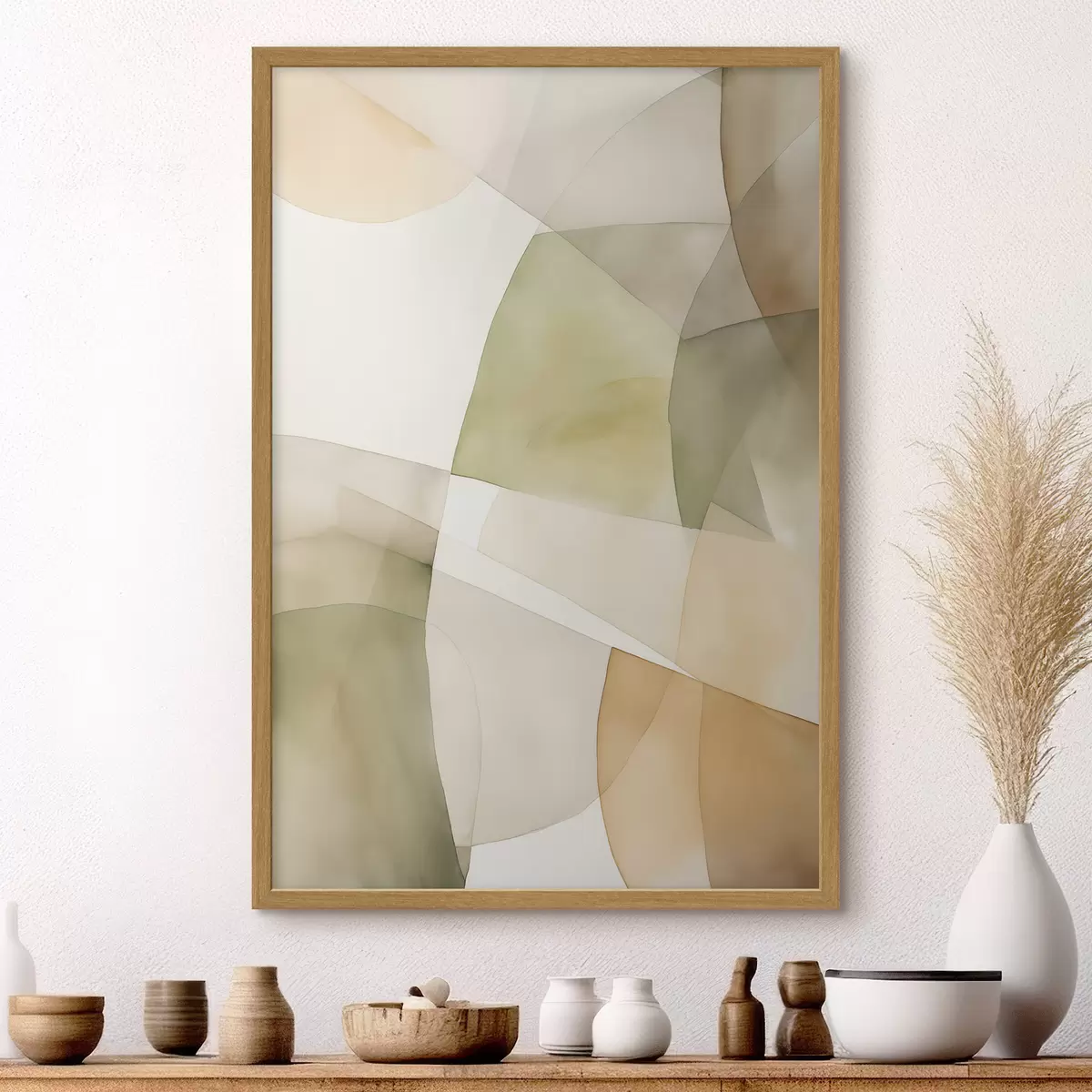 Poster Formes géométriques abstraites texturées à l'aquarelle dans des tons de vert, marron et beige f45928