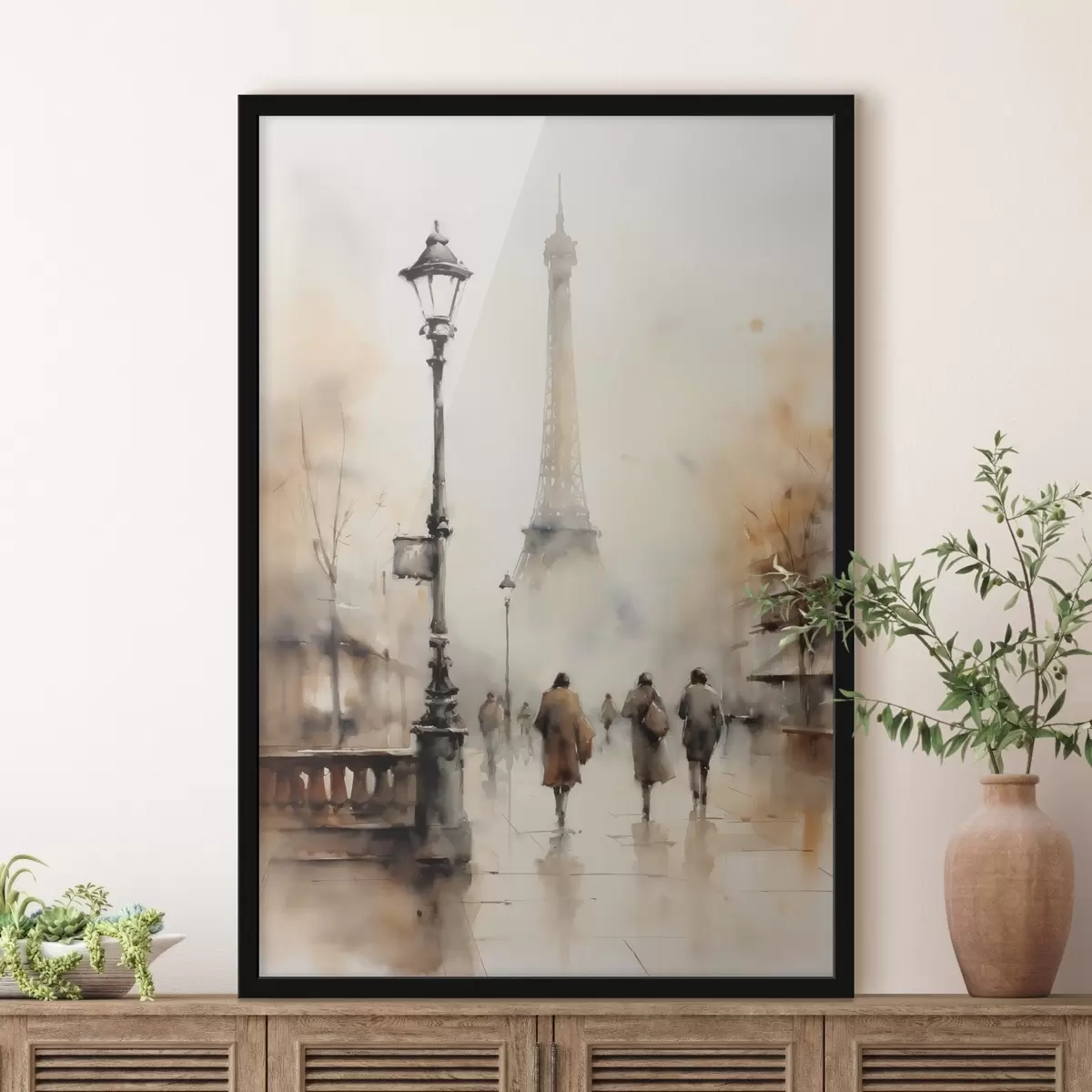 Poster Une journée pluvieuse d'automne à Paris avec la Tour Eiffel en arrière-plan et des lampadaires vintage f45931