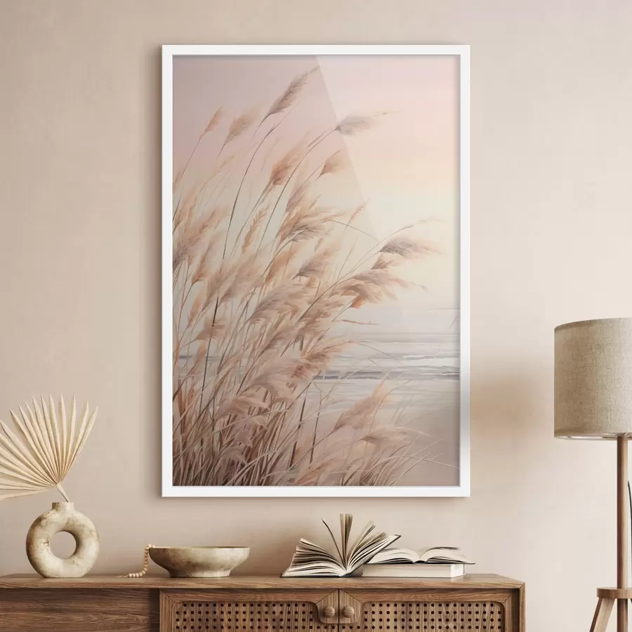 Papier peint Herbe de la pampa avec une palette de couleurs orange pastel, un ciel rose pâle, un paysage paisible f45934