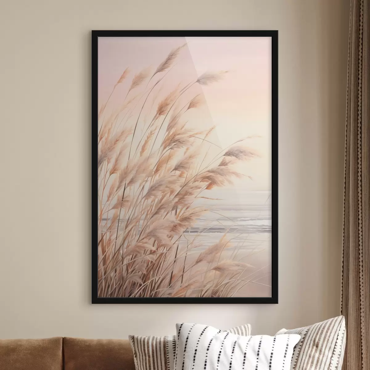Poster Herbe de la pampa avec une palette de couleurs orange pastel, un ciel rose pâle, un paysage paisible f45934