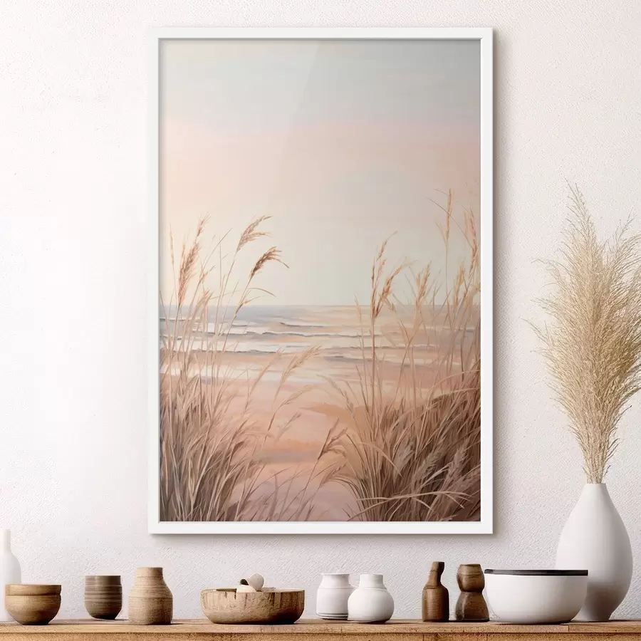 Papier peint Herbe de la pampa avec une palette de couleurs orange pastel, un ciel rose pâle, un paysage paisible f45935