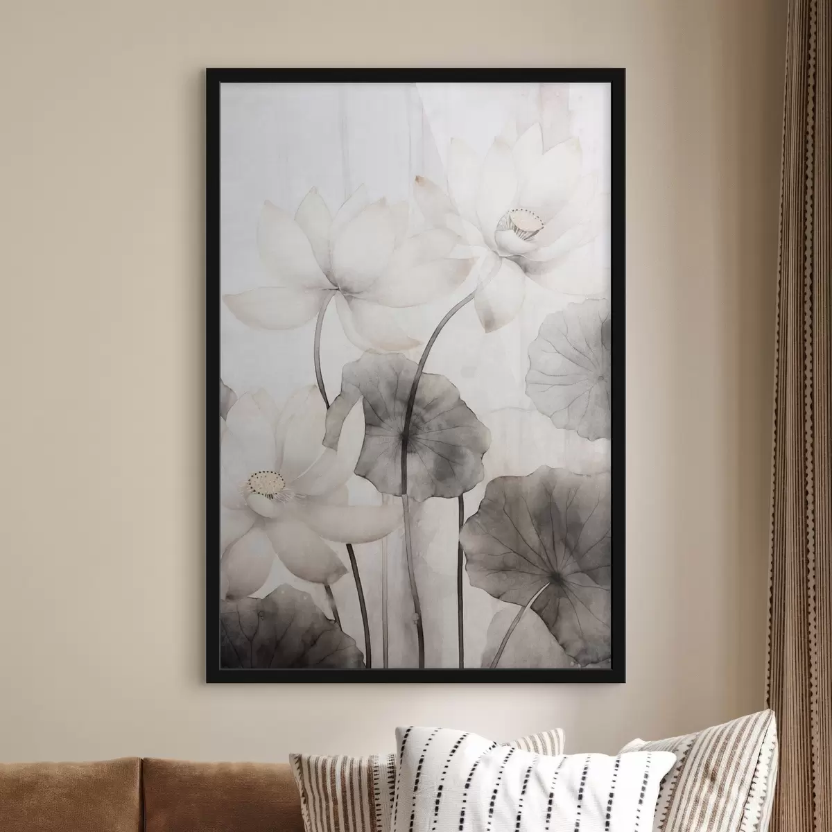 Poster Fleurs de lotus blanches texturées avec des feuilles foncées, fond clair, design minimaliste f45937