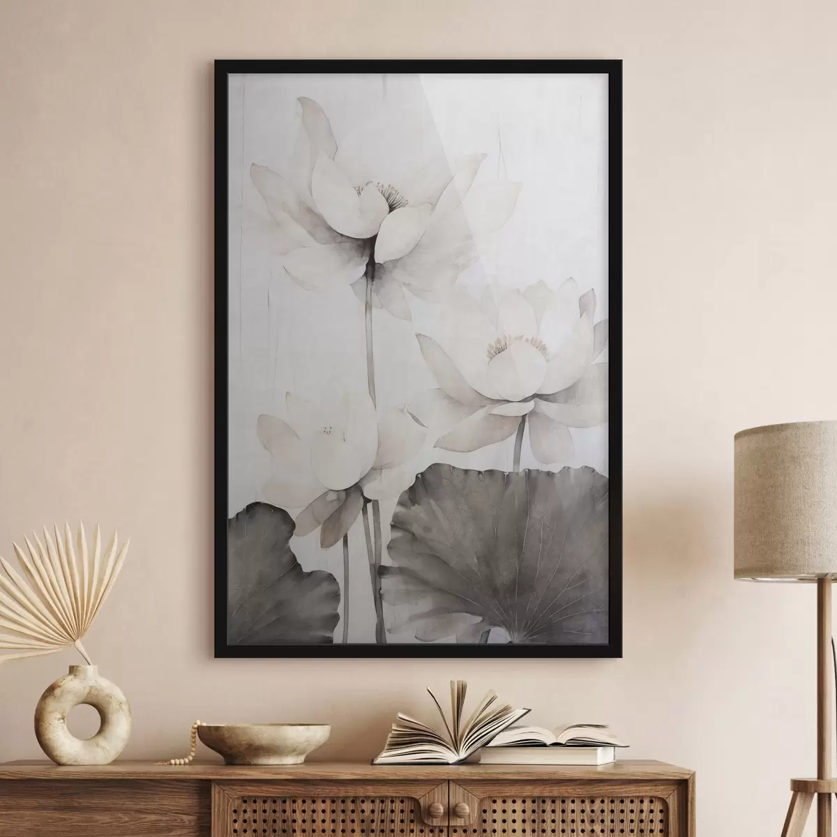 Poster Fleurs de lotus blanches texturées avec des feuilles foncées, fond clair, design minimaliste f45936