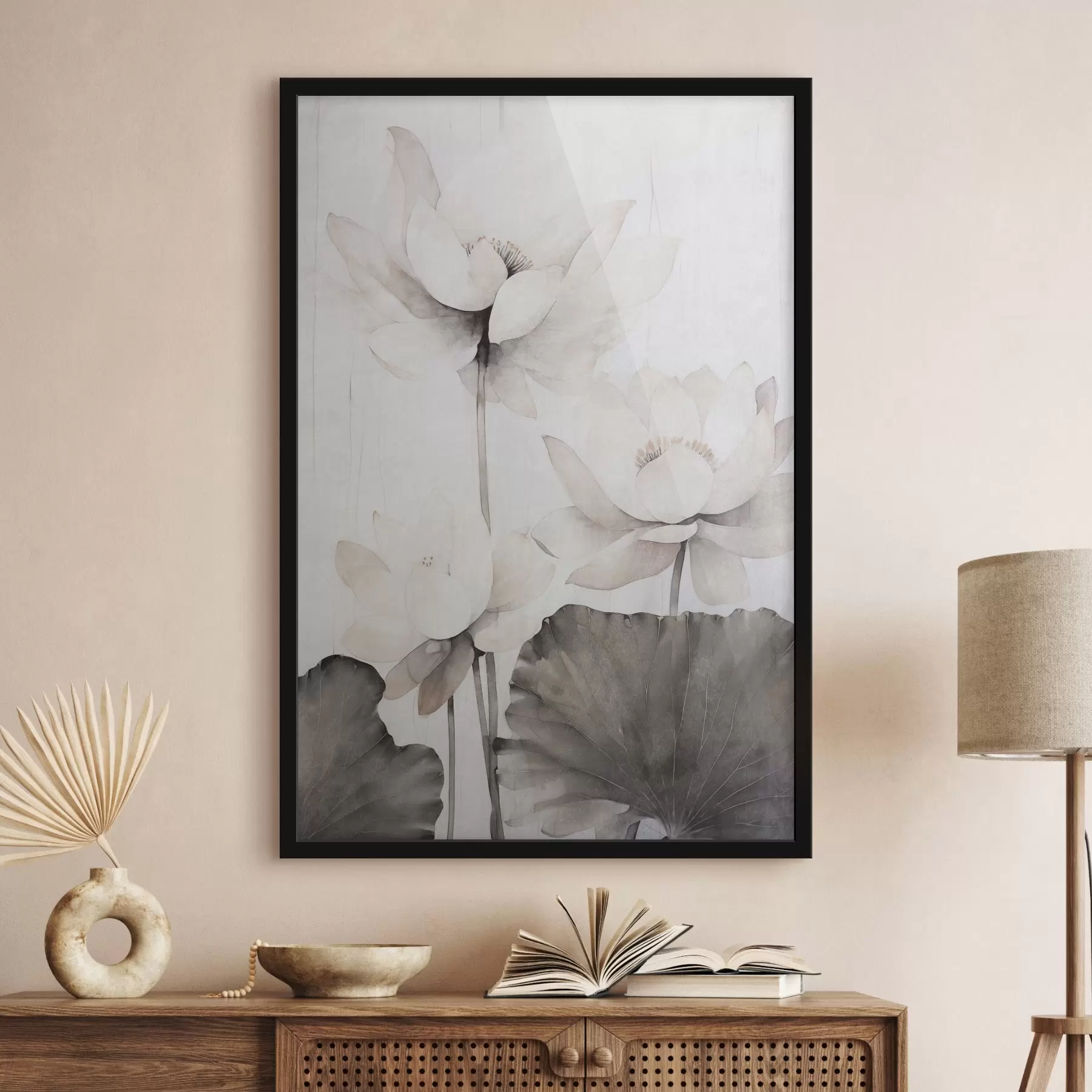 Papier peint Fleurs de lotus blanches texturées avec des feuilles foncées, fond clair, design minimaliste f45936