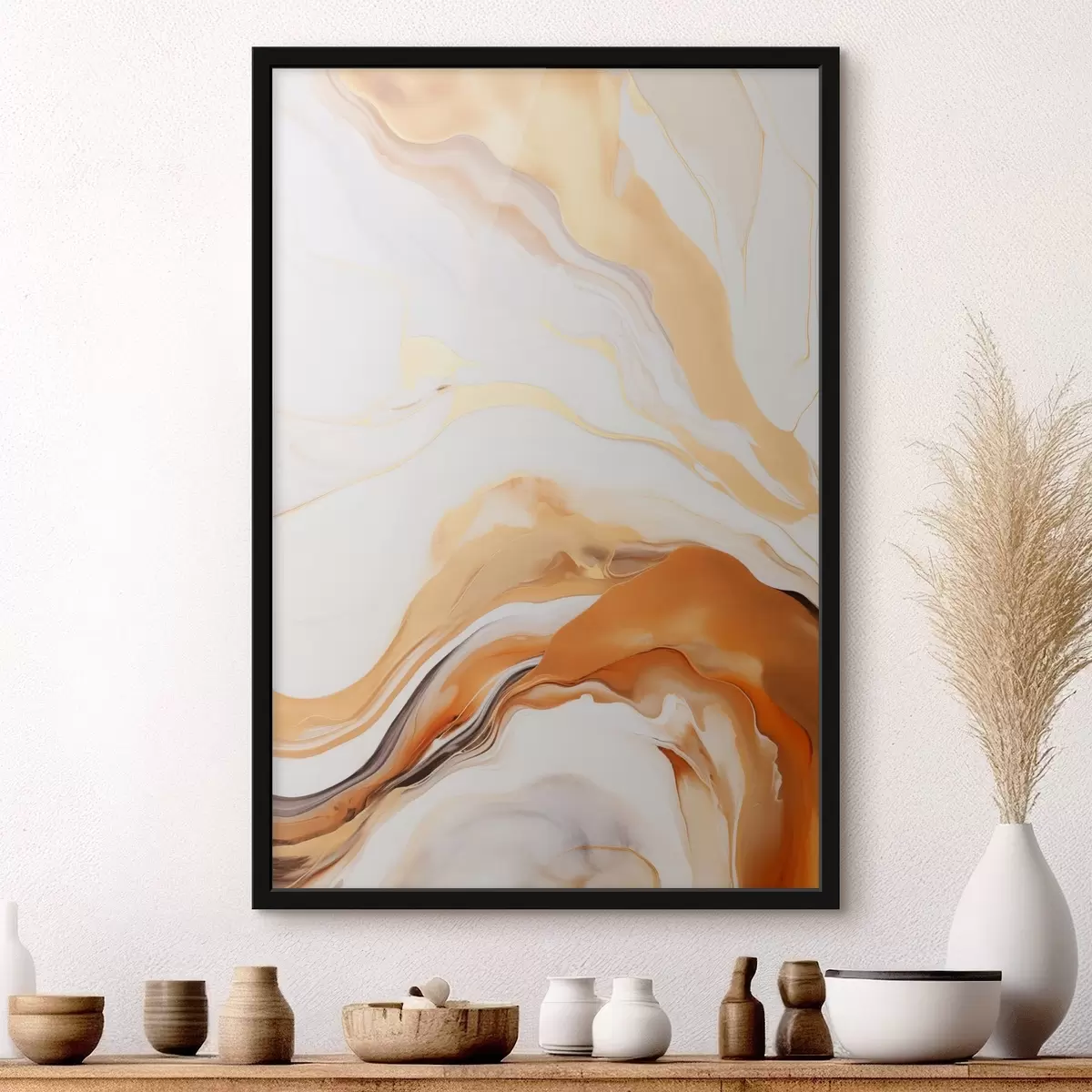 Poster Imitation de peinture abstraite avec des formes fluides dans des tons de blanc, orange et marron, minimaliste f45938