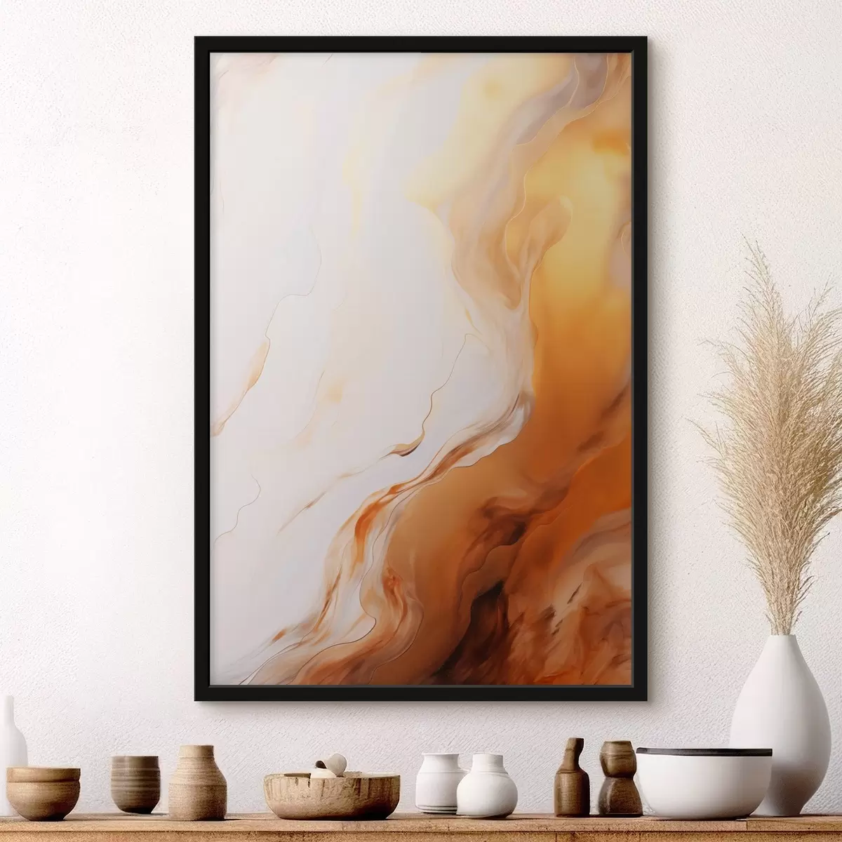 Poster Imitation de peinture abstraite avec des couleurs blanches et orange, art fluide avec des lignes ondulées, art moderne f45939