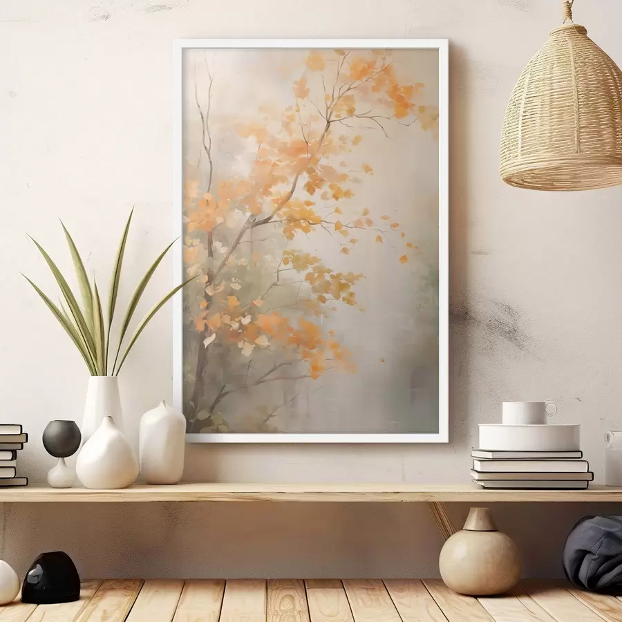 Papier peint Branches d'arbres automnales aux feuilles orange dans une forêt baignée d'une lumière douce f45940