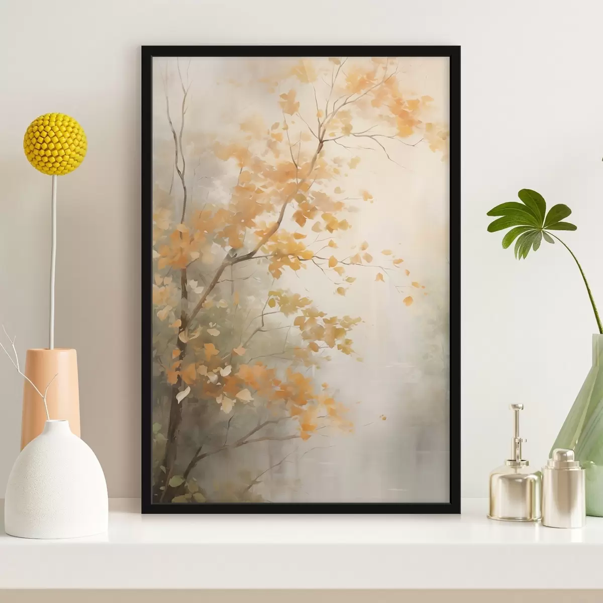 Poster Branches d'arbres automnales aux feuilles orange dans une forêt baignée d'une lumière douce f45940