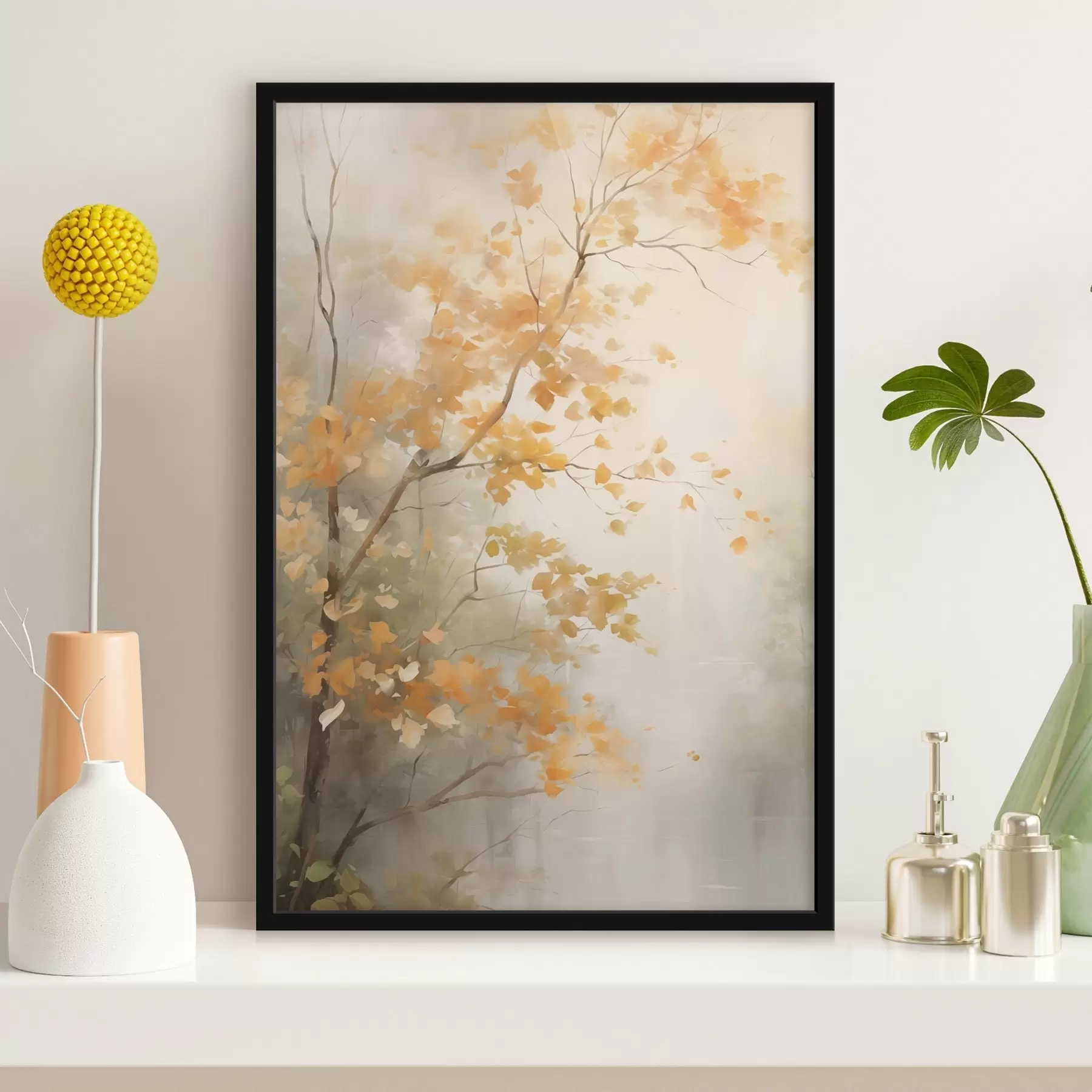 Papier peint Branches d'arbres automnales aux feuilles orange dans une forêt baignée d'une lumière douce f45940