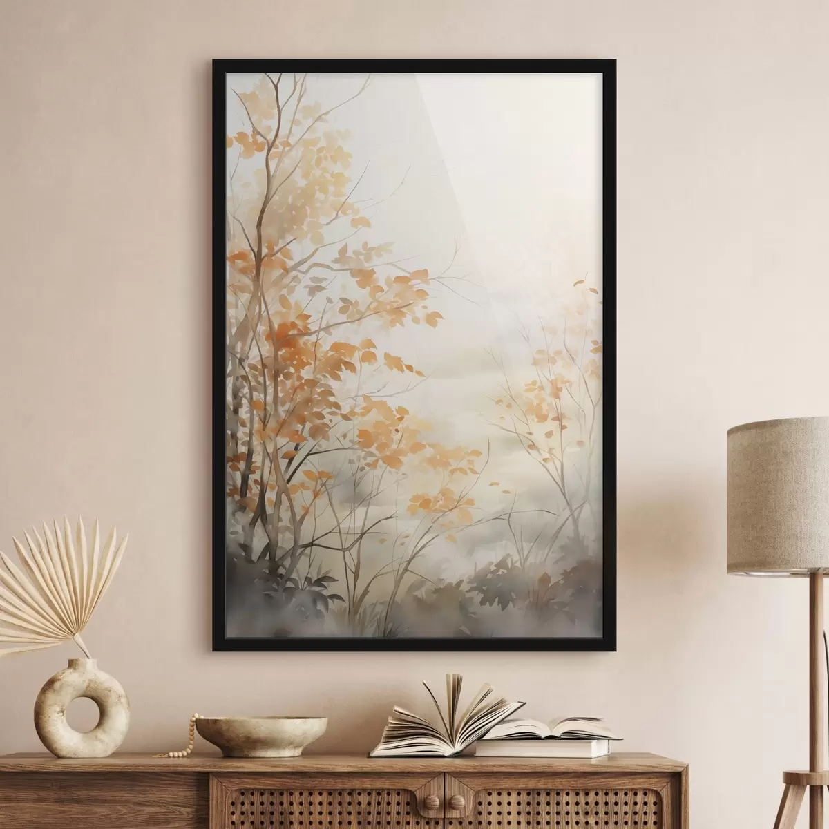 Poster Arbres d'automne aux feuilles et branches orange, style aquarelle doux, coups de pinceau délicats f45941