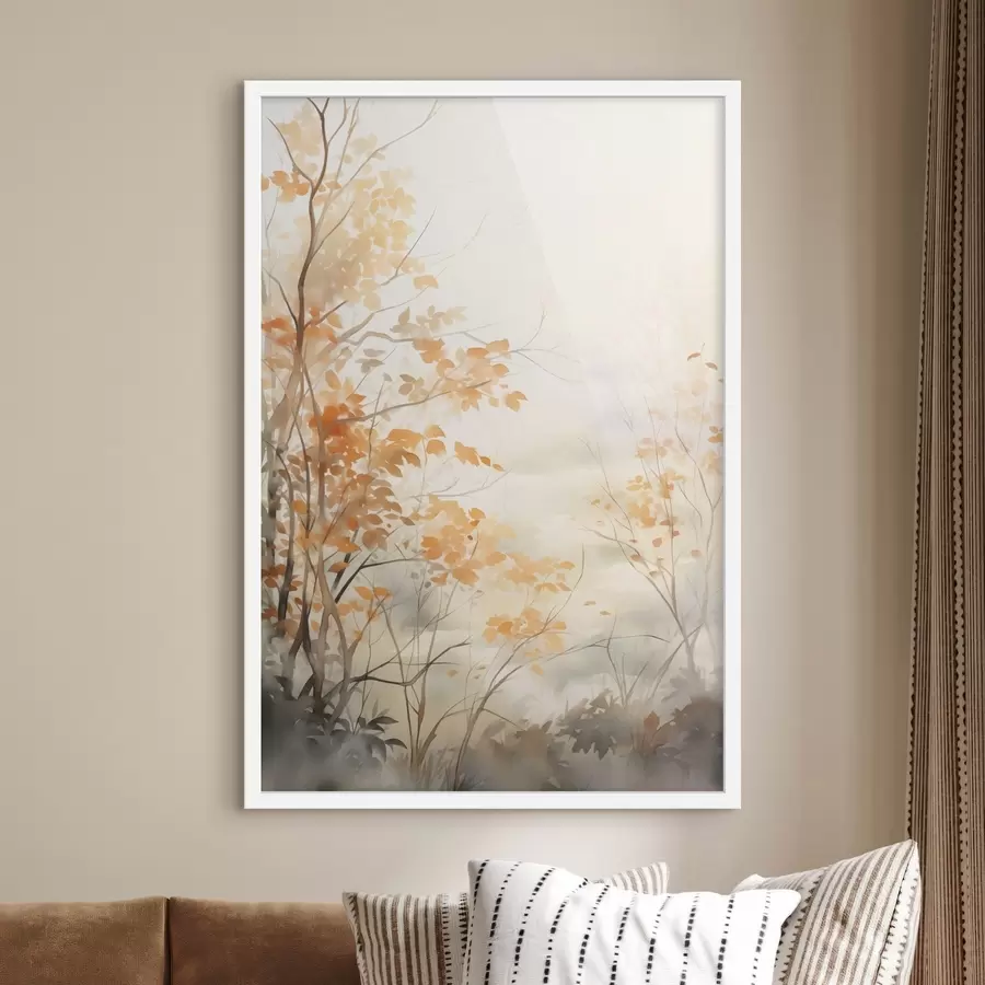 Papier peint Arbres d'automne aux feuilles et branches orange, style aquarelle doux, coups de pinceau délicats f45941