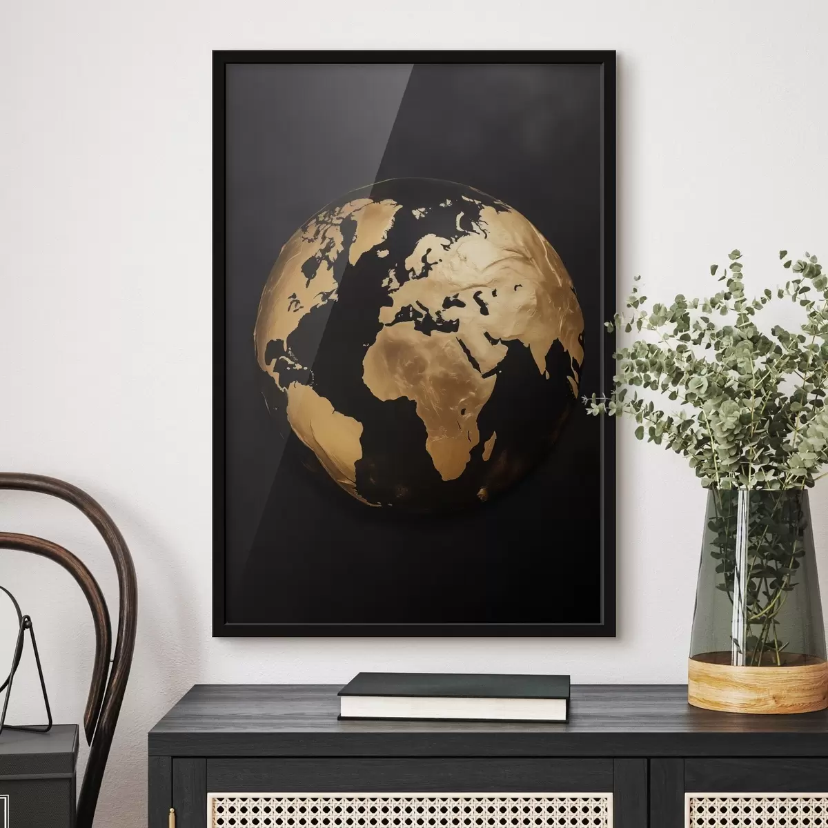 Poster Globe terrestre abstrait texturé jaune, planète sur fond noir, art minimaliste moderne f45942