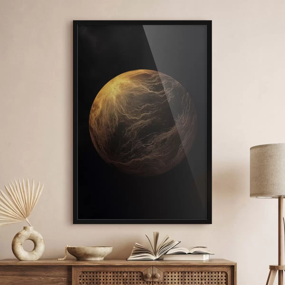 Poster Planète abstraite avec des veines orange sur fond noir, art minimaliste moderne f45943