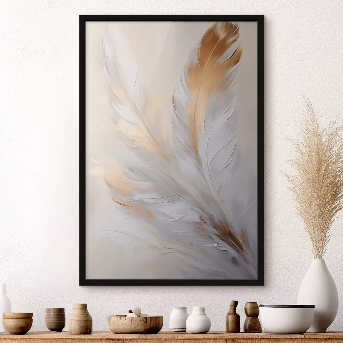 Poster Plumes rehaussées de touches orange, éclairage tamisé, composition minimaliste texturée, art moderne f45944