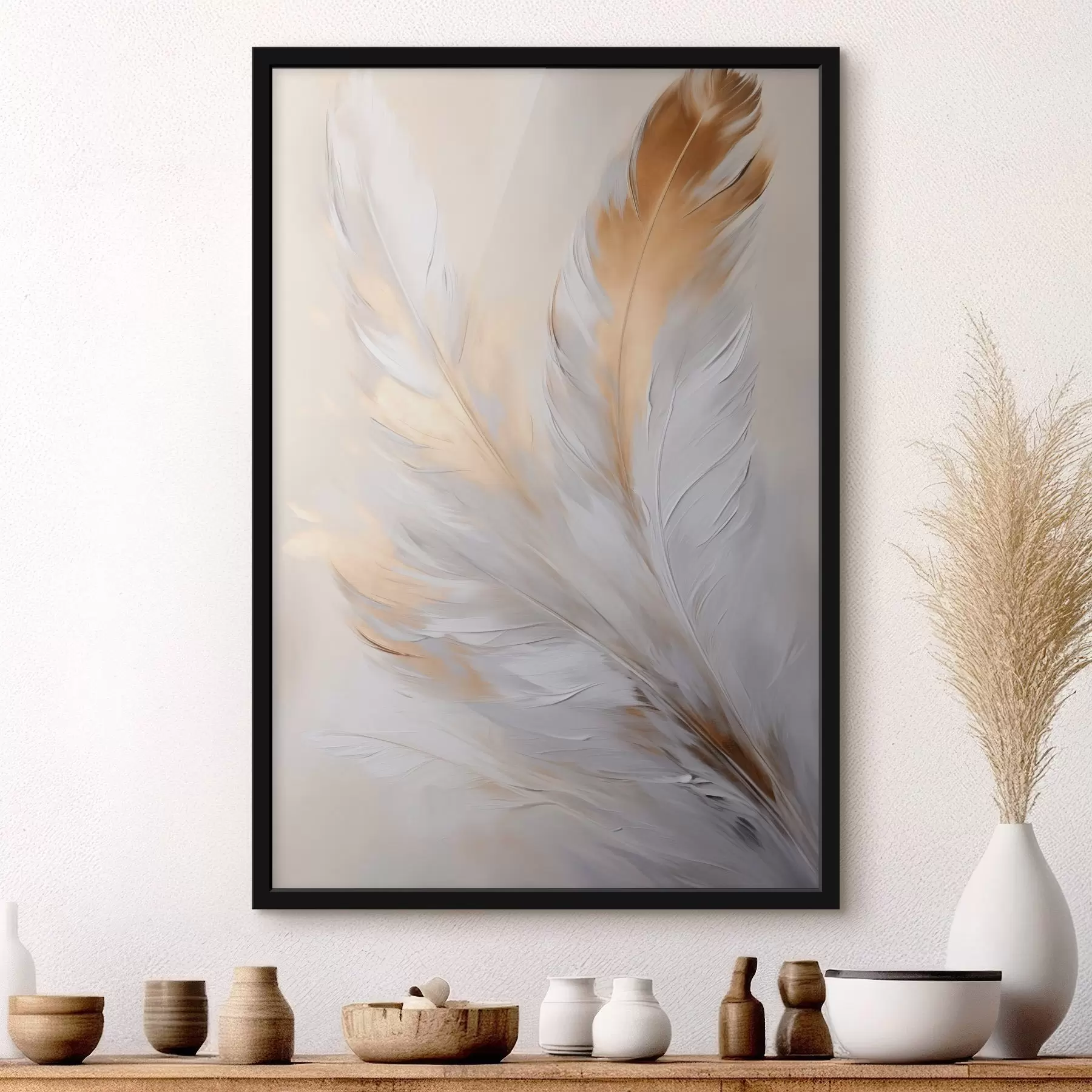 Papier peint Plumes rehaussées de touches orange, éclairage tamisé, composition minimaliste texturée, art moderne f45944