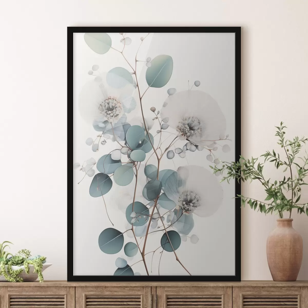 Poster Fleurs abstraites d'eucalyptus aux pétales blancs, feuilles vert pâle sur les branches f45946