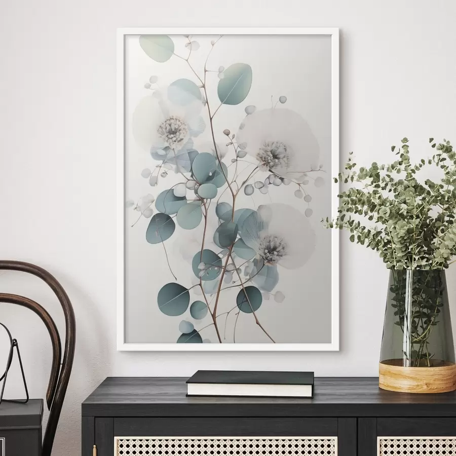 Papier peint Fleurs abstraites d'eucalyptus aux pétales blancs, feuilles vert pâle sur les branches f45946