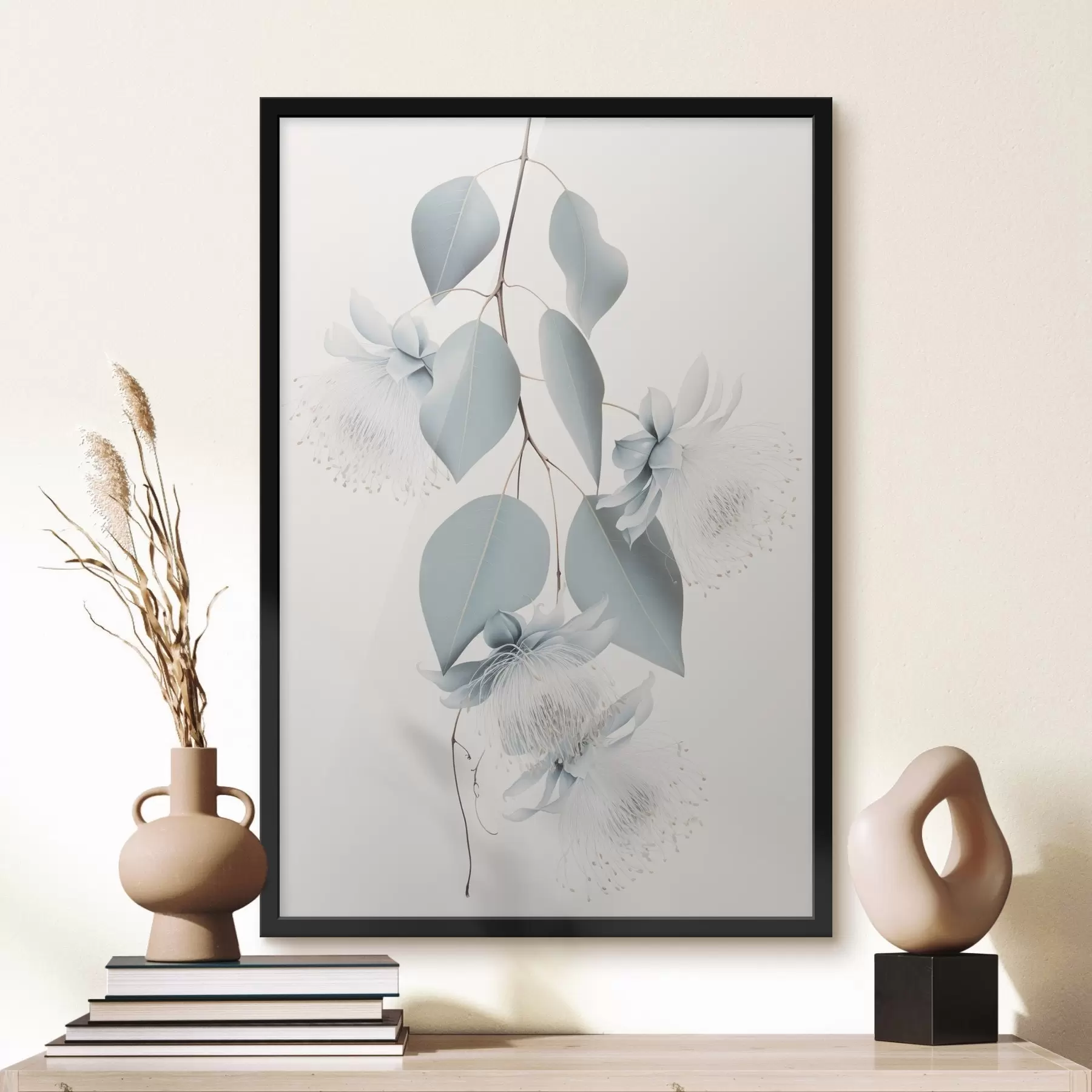 Papier peint Branche d'eucalyptus avec des feuilles bleues et des fleurs blanches, fond clair f45947