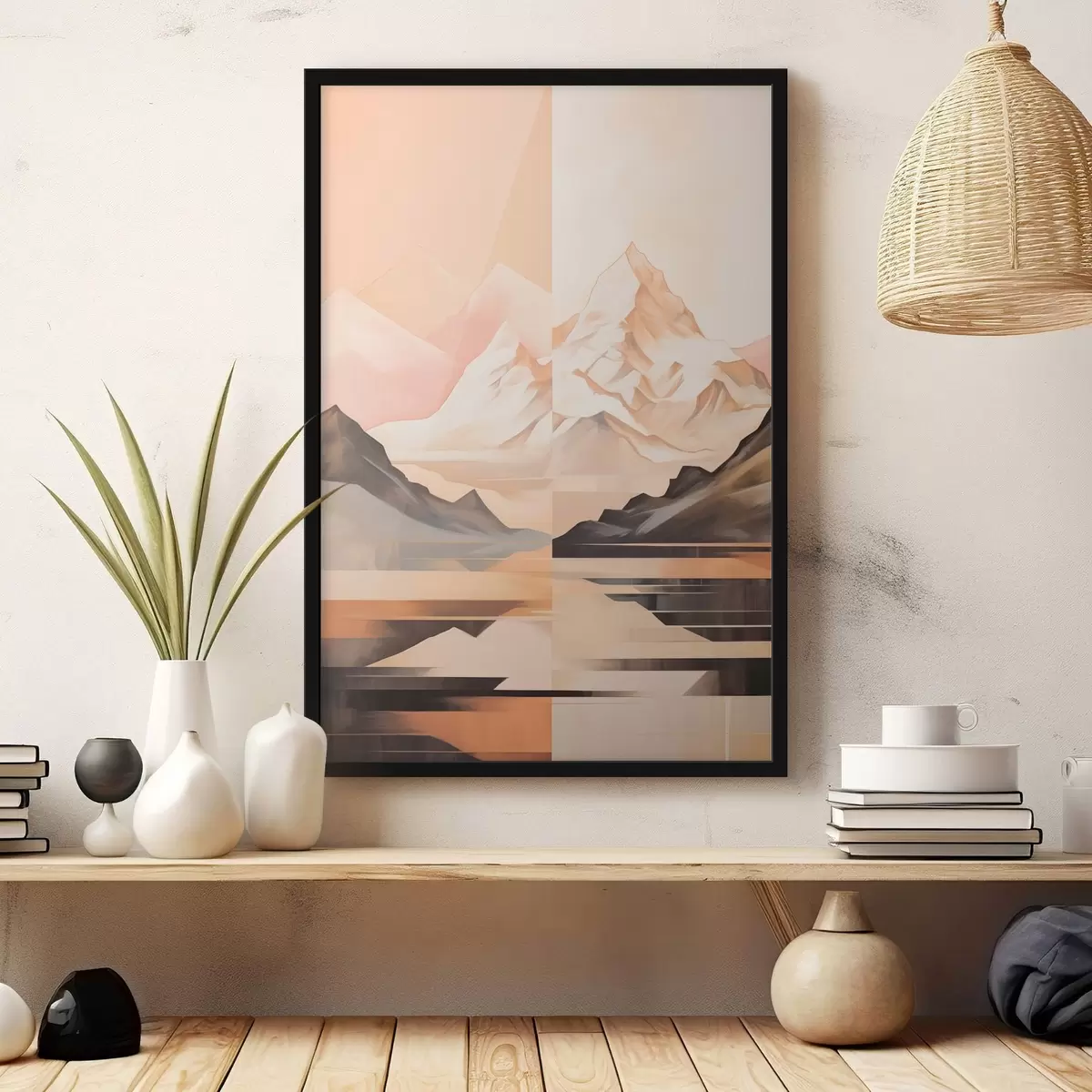Poster Paysage abstrait avec des montagnes et un lac, couleurs pastel, style minimaliste f45948