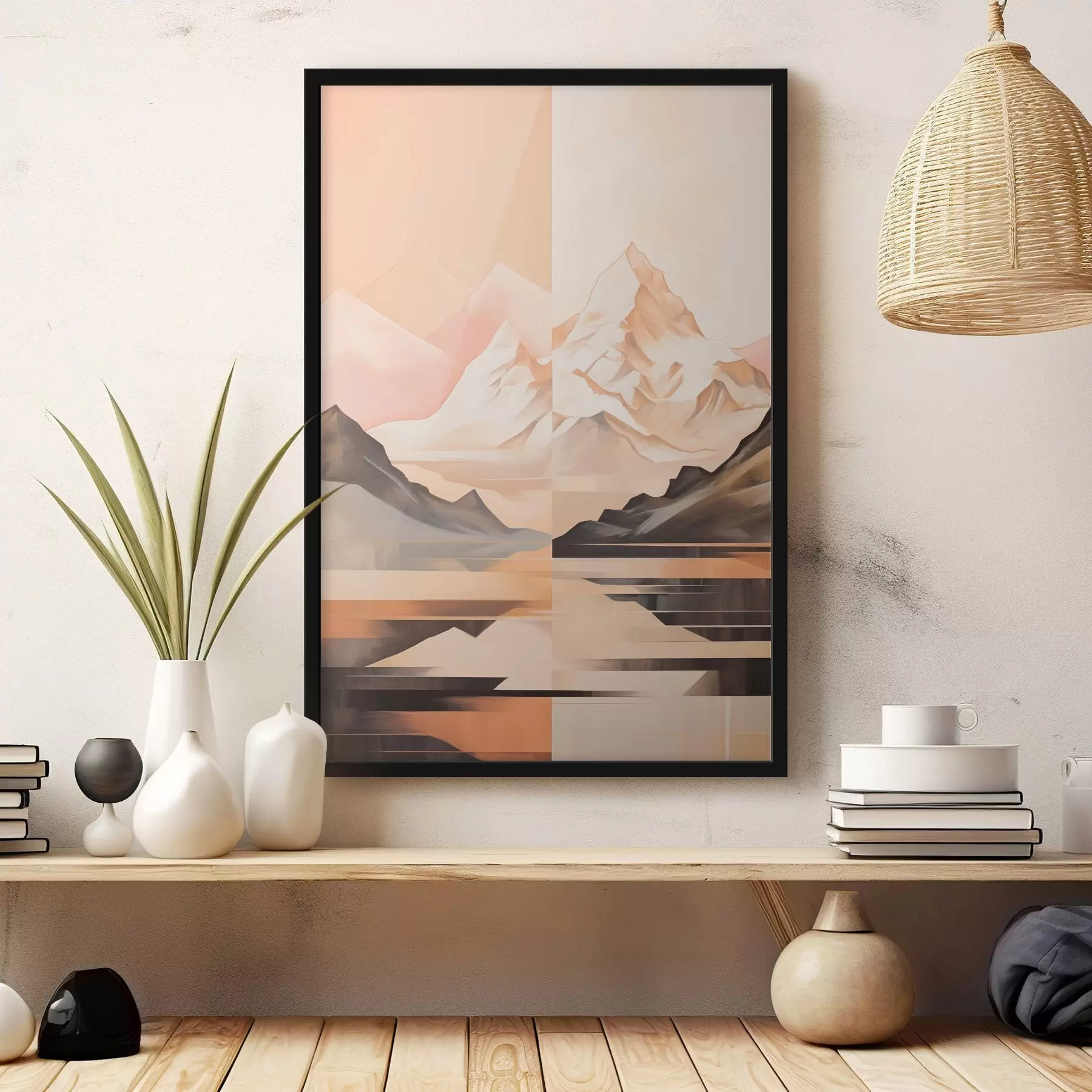 Papier peint Paysage abstrait avec des montagnes et un lac, couleurs pastel, style minimaliste f45948