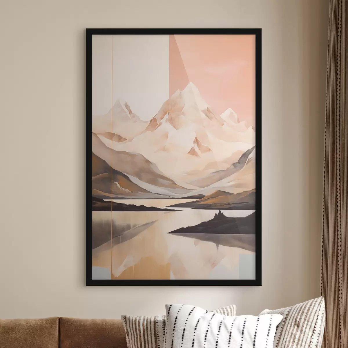 Poster Paysage abstrait avec des montagnes et un lac, couleurs pastel, style minimaliste f45949