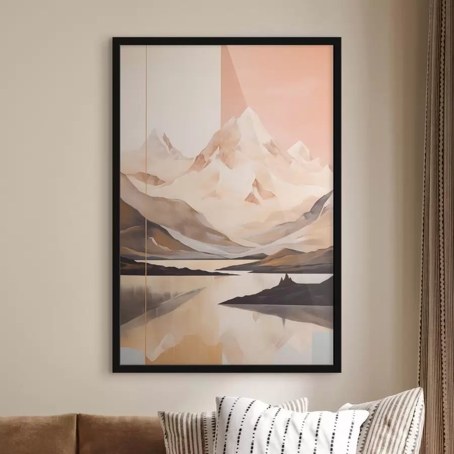 Papier peint Paysage abstrait avec des montagnes et un lac, couleurs pastel, style minimaliste f45949