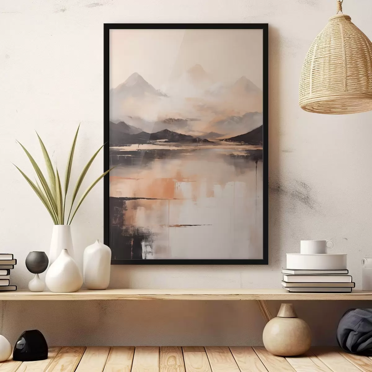 Poster Une peinture imitant un paysage texturé représentant des montagnes et un lac f45950