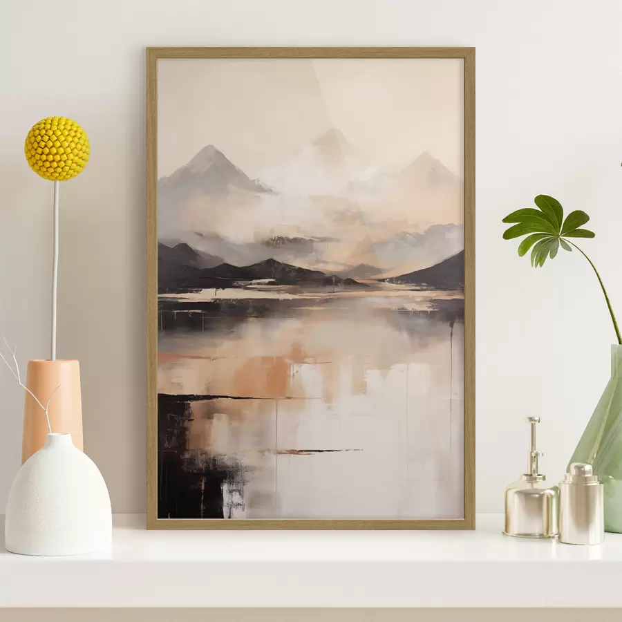 Papier peint Une peinture imitant un paysage texturé représentant des montagnes et un lac f45950