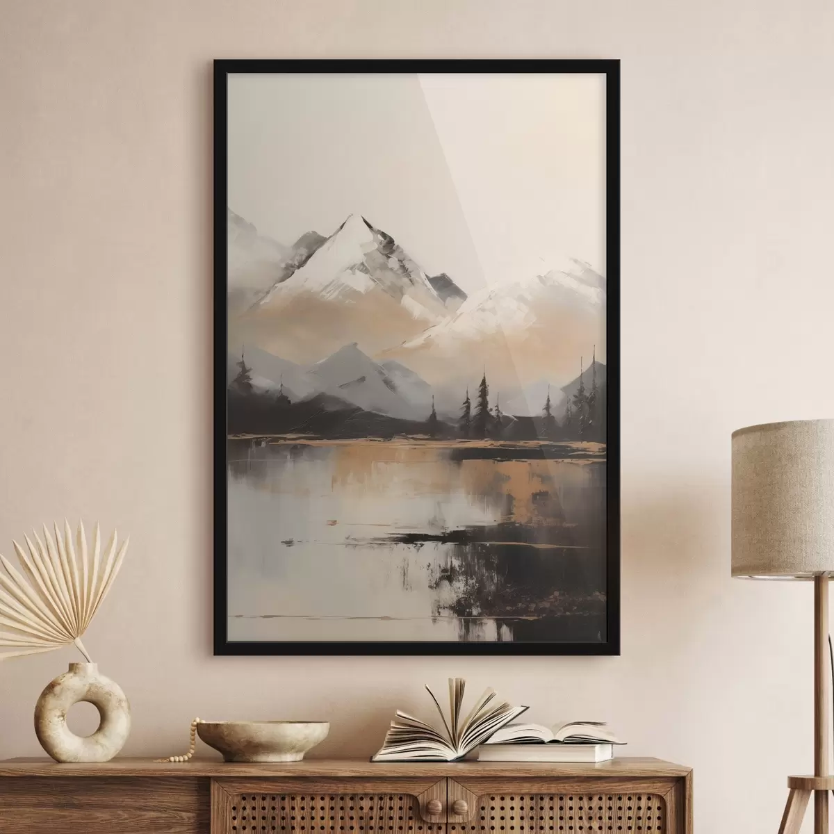 Poster Montagnes enneigées avec quelques arbres devant un lac f45951