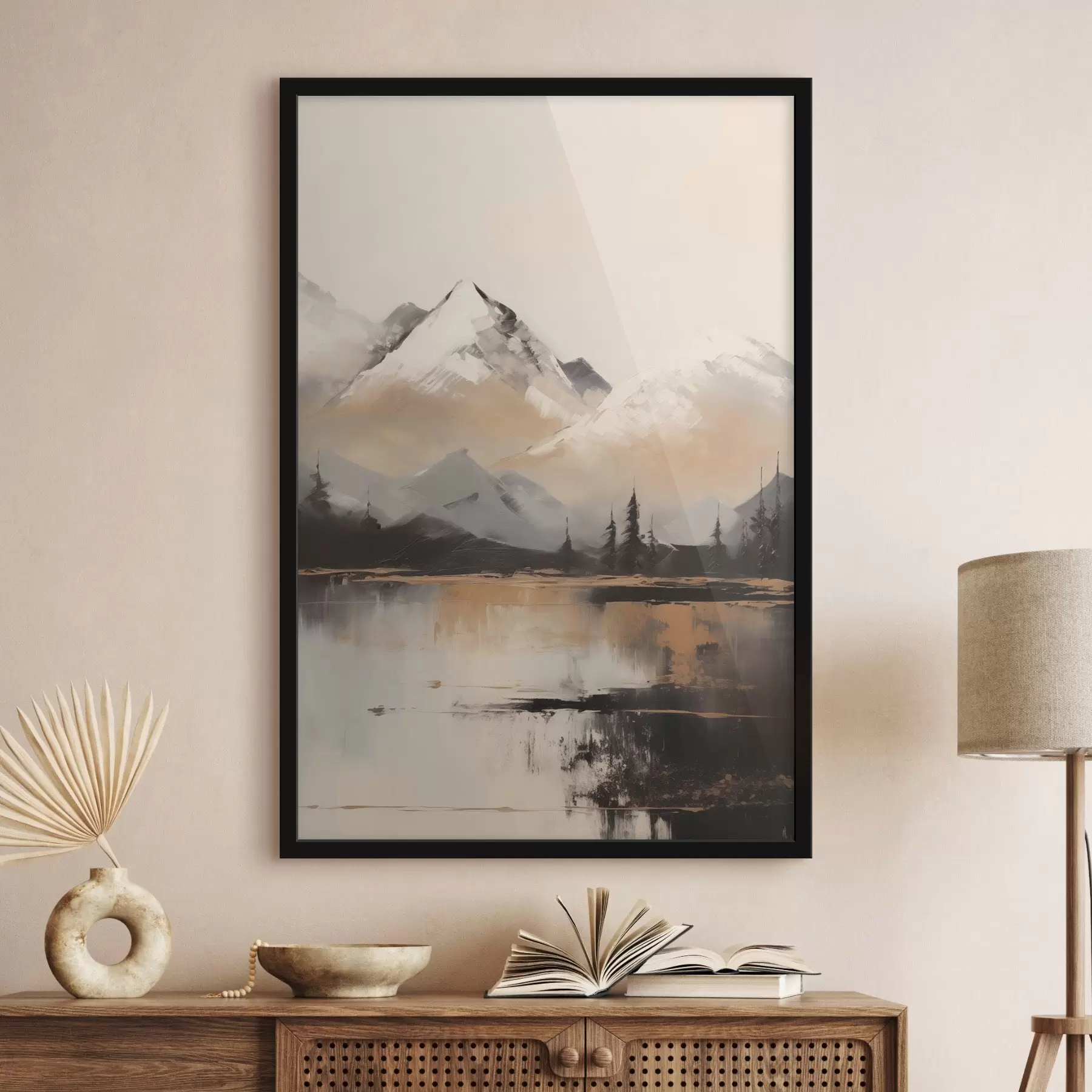 Papier peint Montagnes enneigées avec quelques arbres devant un lac f45951