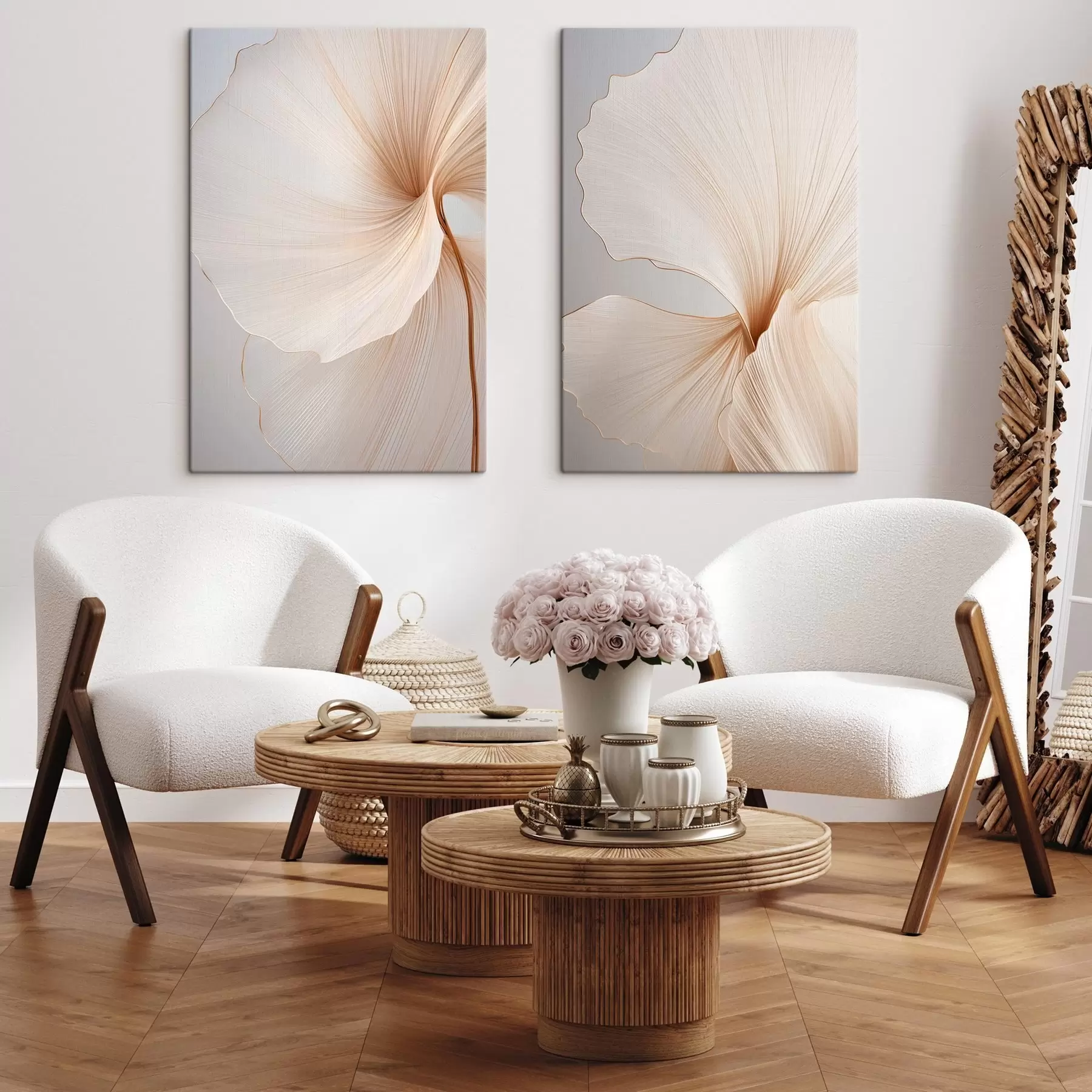 Tableau Fleurs abstraites aux pétales fins et délicats dans des tons de blanc et de beige m00817