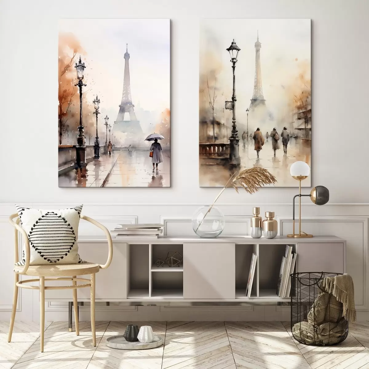 Tableau Une journée pluvieuse d'automne à Paris avec la Tour Eiffel en arrière-plan et des lampadaires vintage m00821