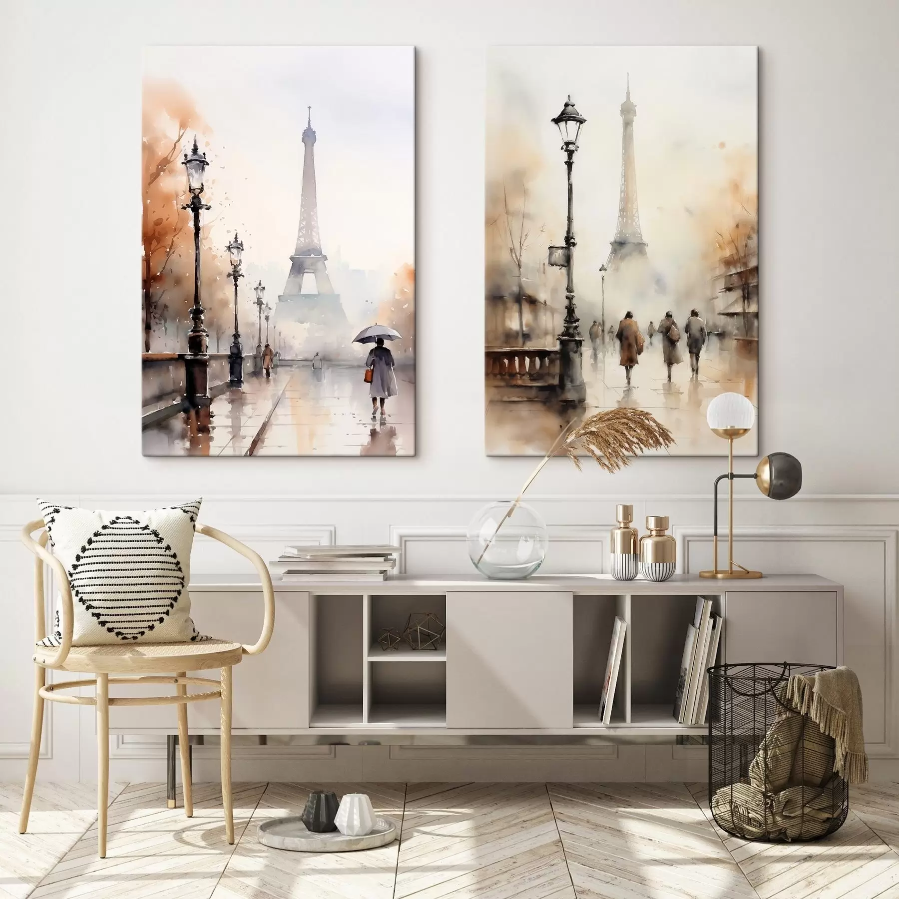 Tableau Une journée pluvieuse d'automne à Paris avec la Tour Eiffel en arrière-plan et des lampadaires vintage m00821