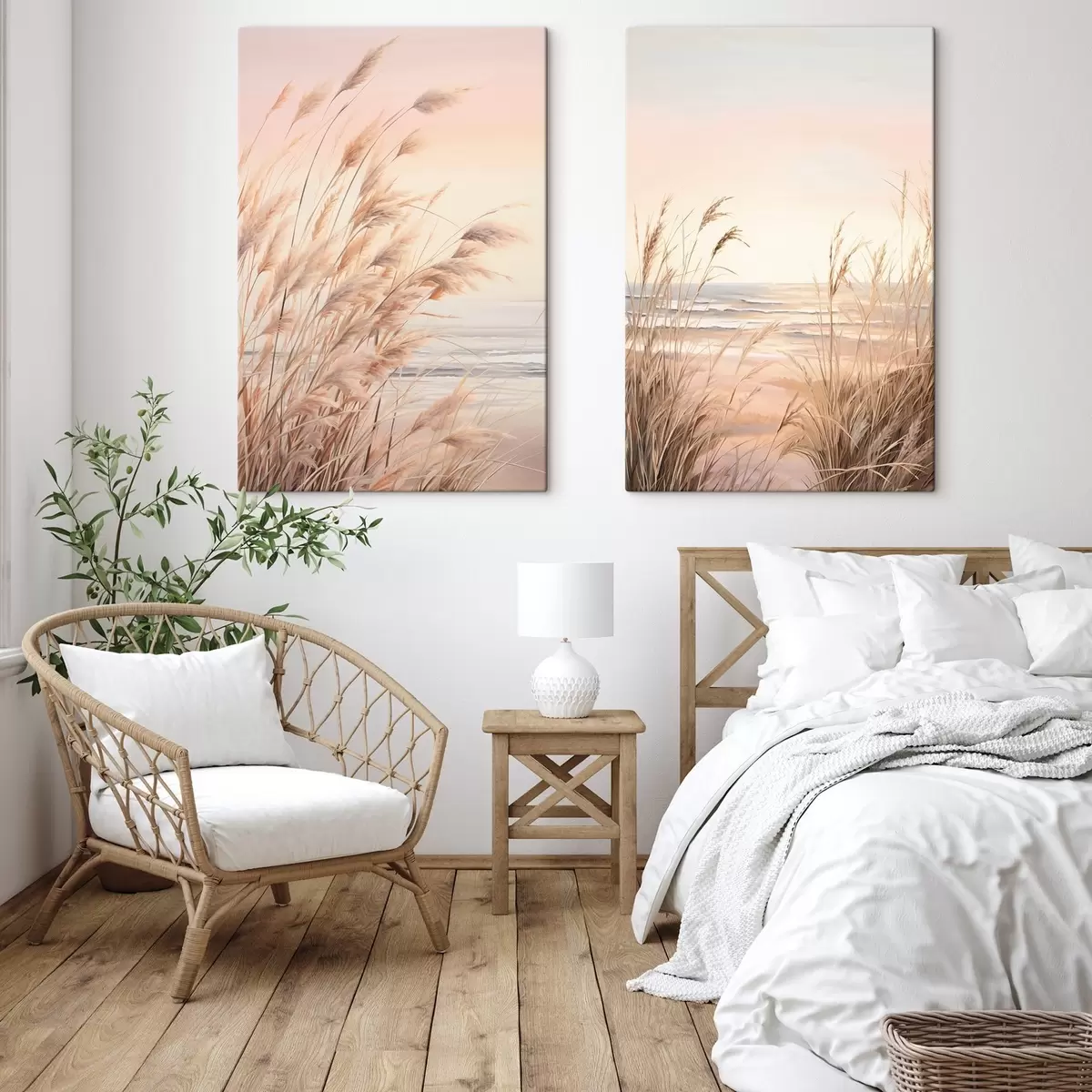 Tableau Herbe de la pampa avec une palette de couleurs orange pastel, un ciel rose pâle, un paysage paisible m00823