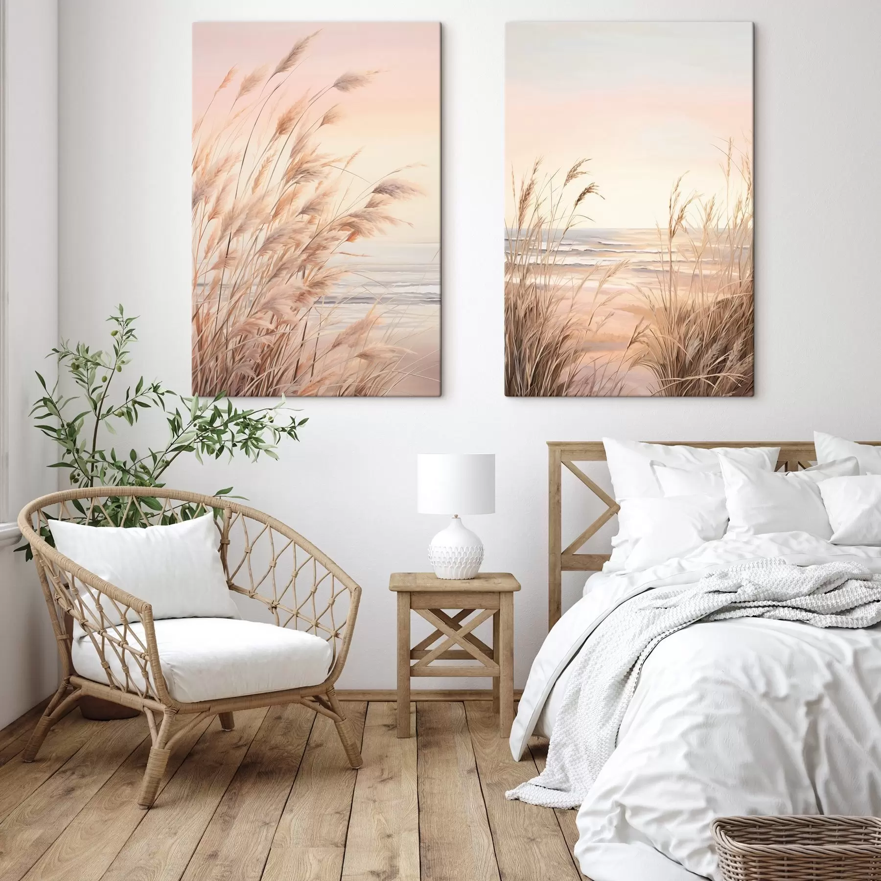 Tableau Herbe de la pampa avec une palette de couleurs orange pastel, un ciel rose pâle, un paysage paisible m00823