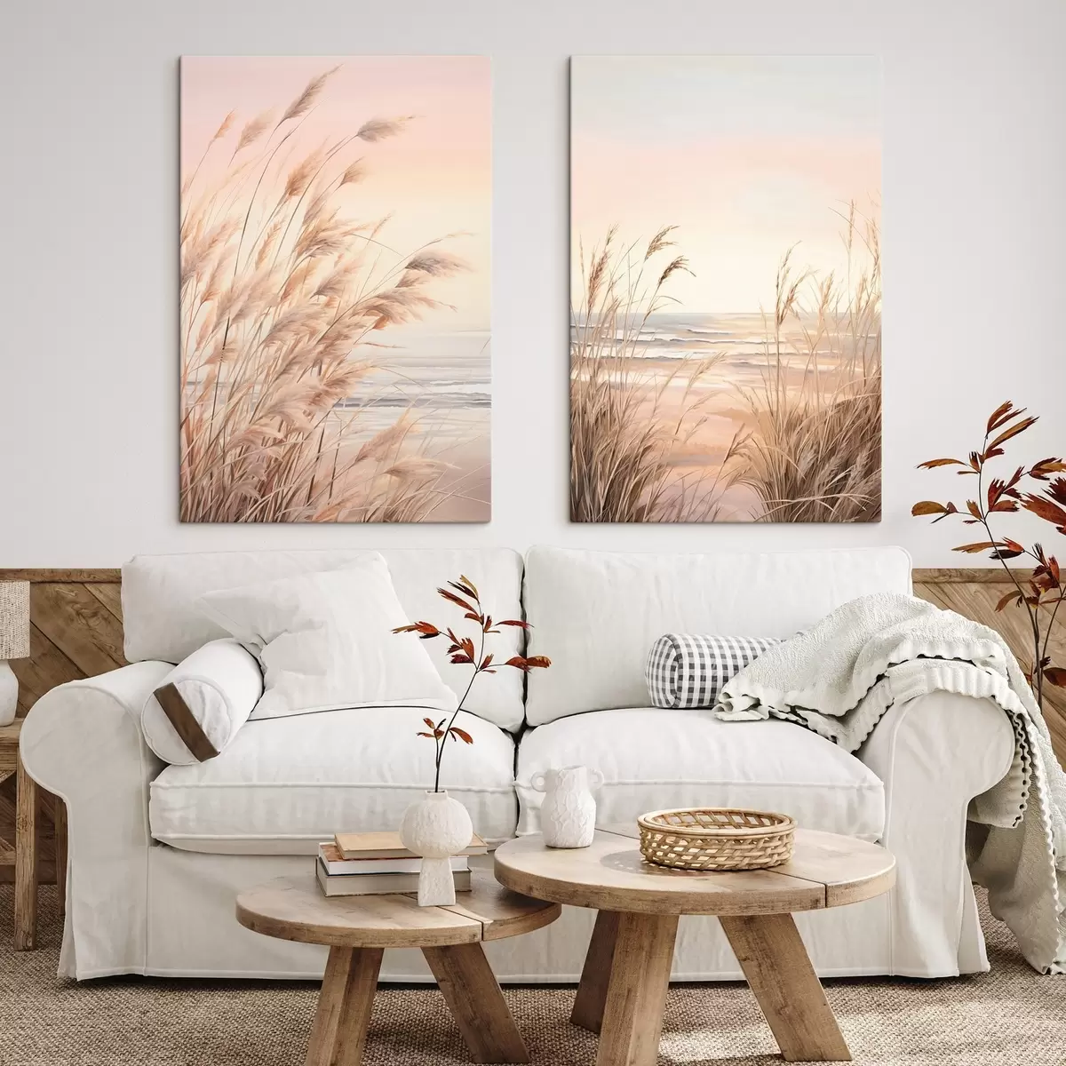Tableau Herbe de la pampa avec une palette de couleurs orange pastel, un ciel rose pâle, un paysage paisible m00823