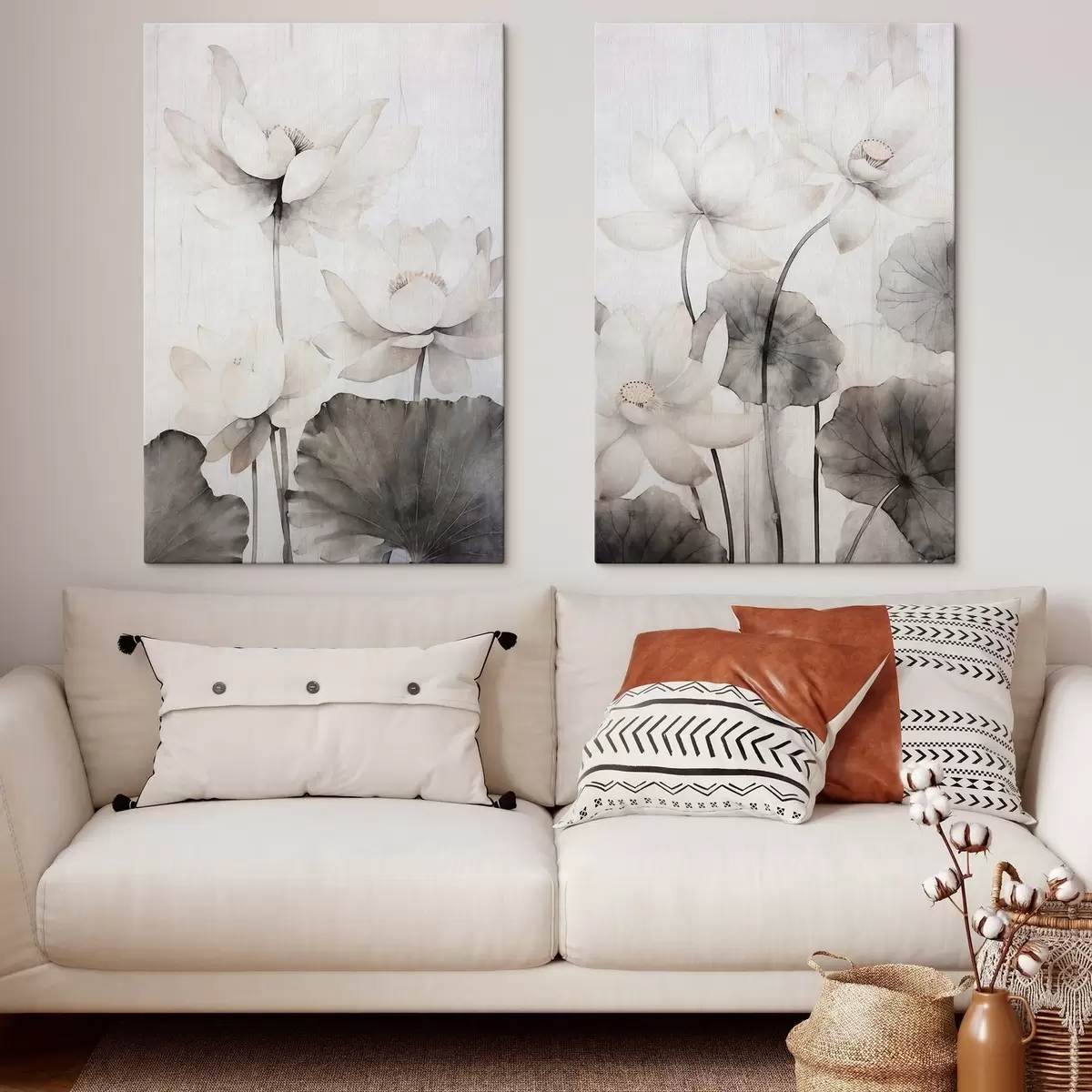 Tableau Fleurs de lotus blanches texturées avec des feuilles foncées, fond clair, design minimaliste m00824