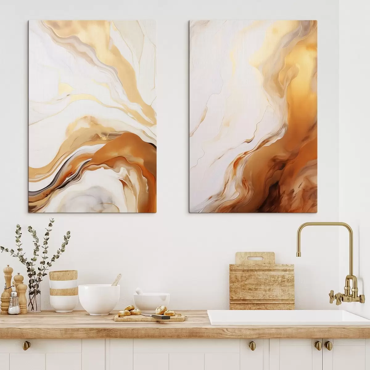 Tableau Imitation de peinture abstraite avec des couleurs blanches et orange, art fluide avec des lignes ondulées, art moderne m00825