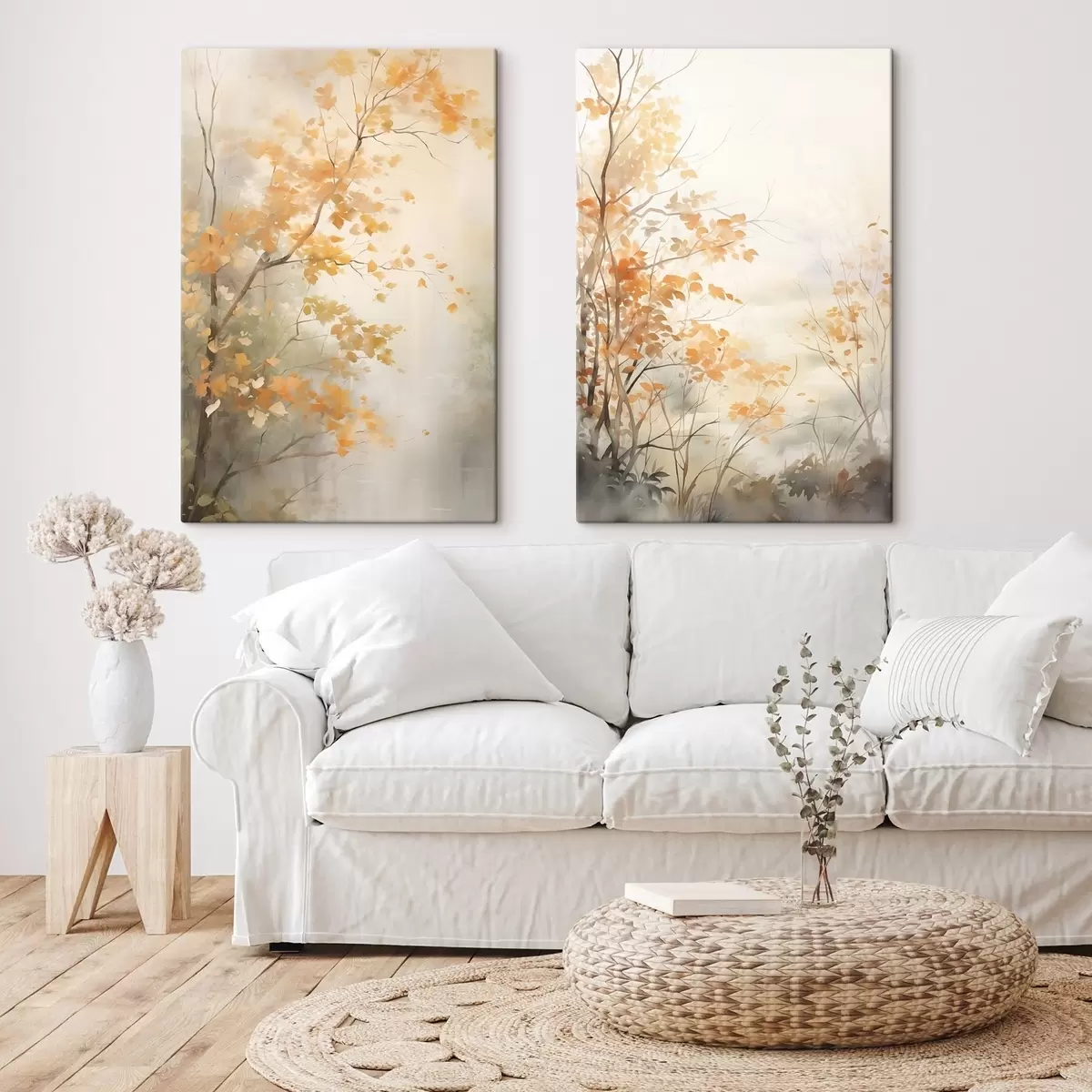 Tableau Arbres d'automne aux feuilles et branches orange, style aquarelle doux, coups de pinceau délicats m00826