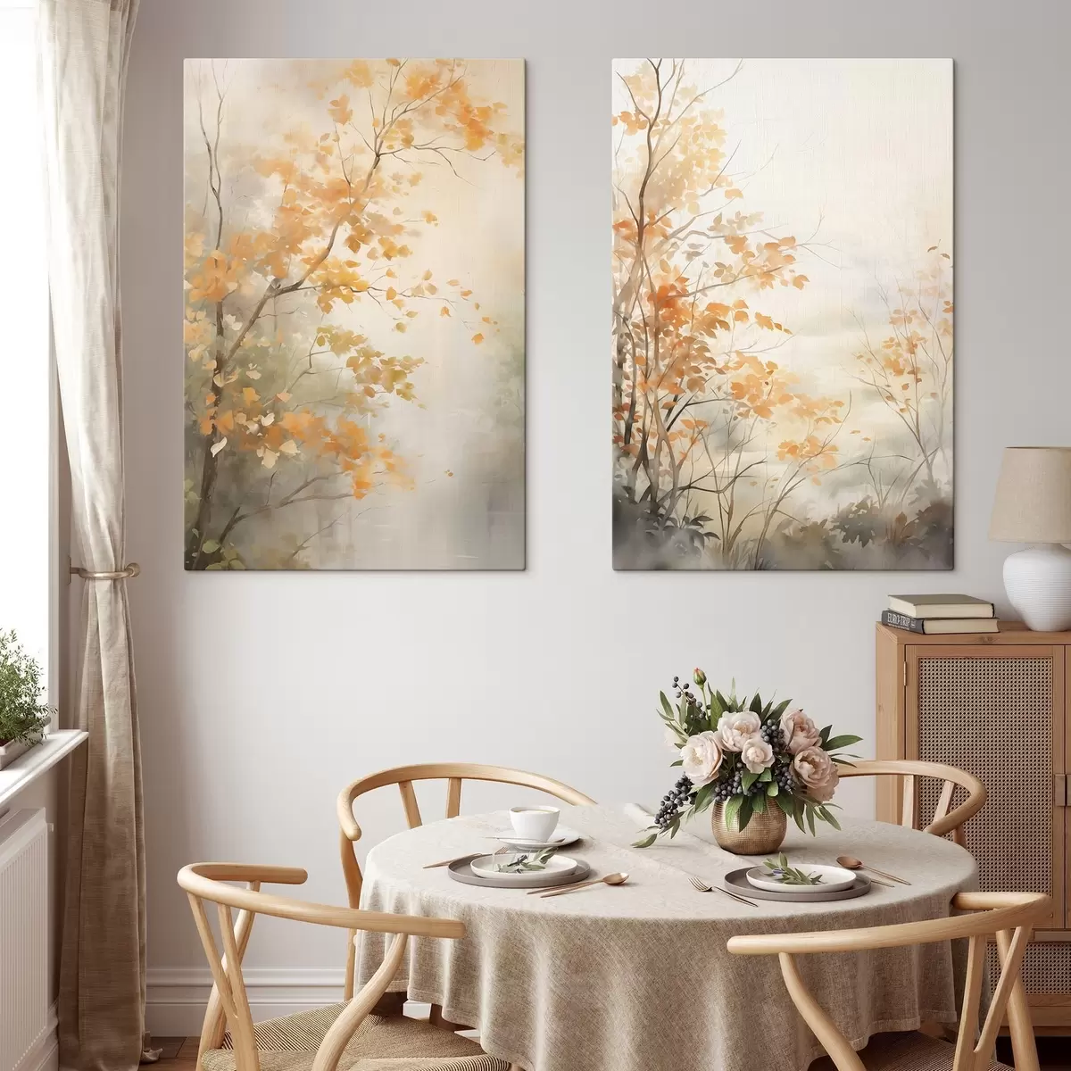 Tableau Arbres d'automne aux feuilles et branches orange, style aquarelle doux, coups de pinceau délicats m00826