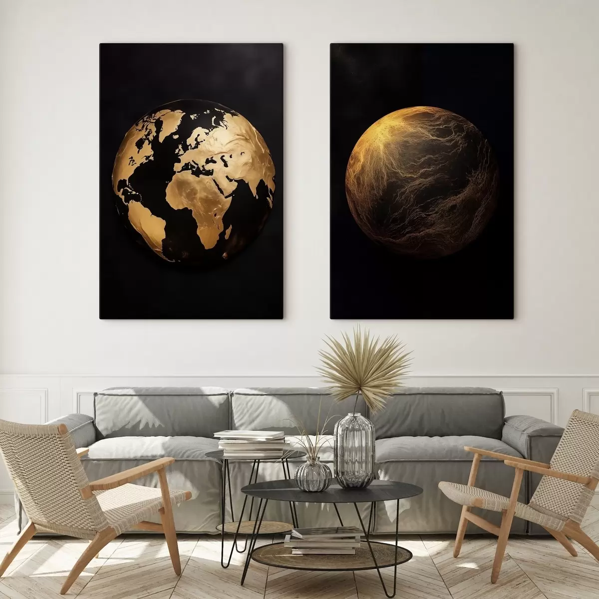 Tableau Globe terrestre et planète abstraits texturés sur fond noir, art minimaliste moderne m00827