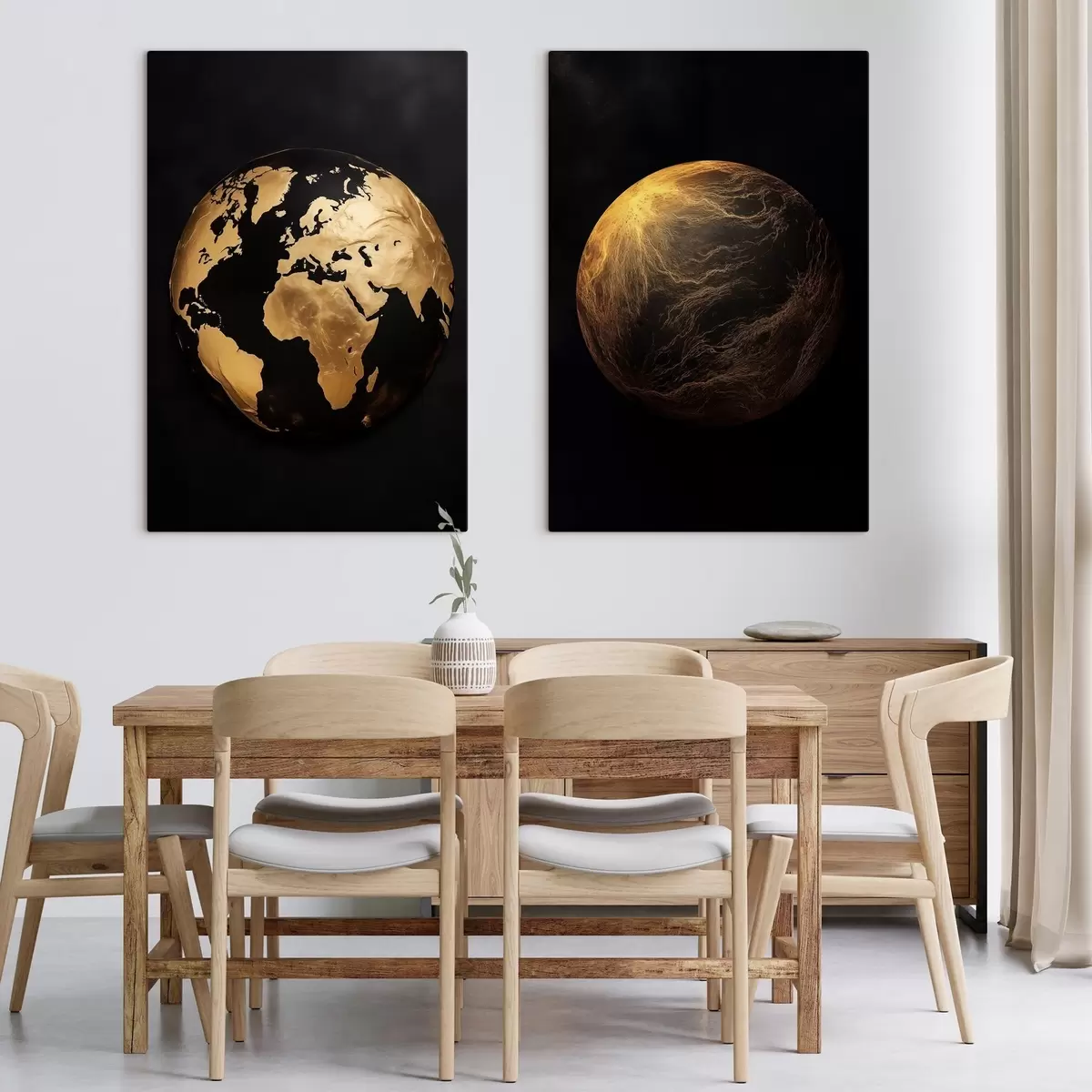Tableau Globe terrestre et planète abstraits texturés sur fond noir, art minimaliste moderne m00827