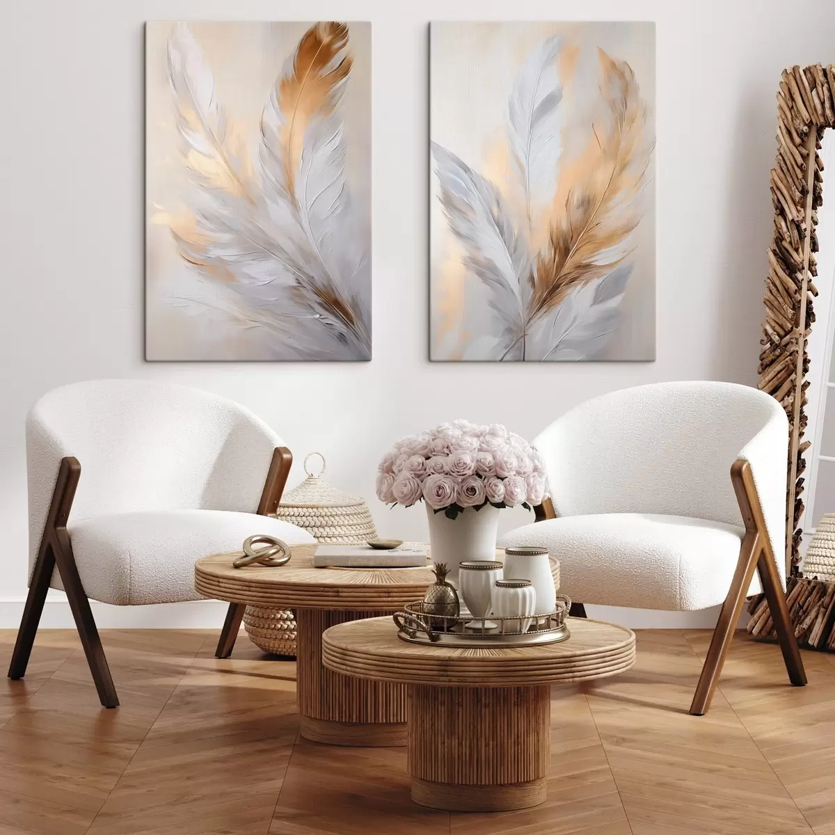 Tableau Plumes rehaussées de touches orange, composition minimaliste texturée, art moderne m00828