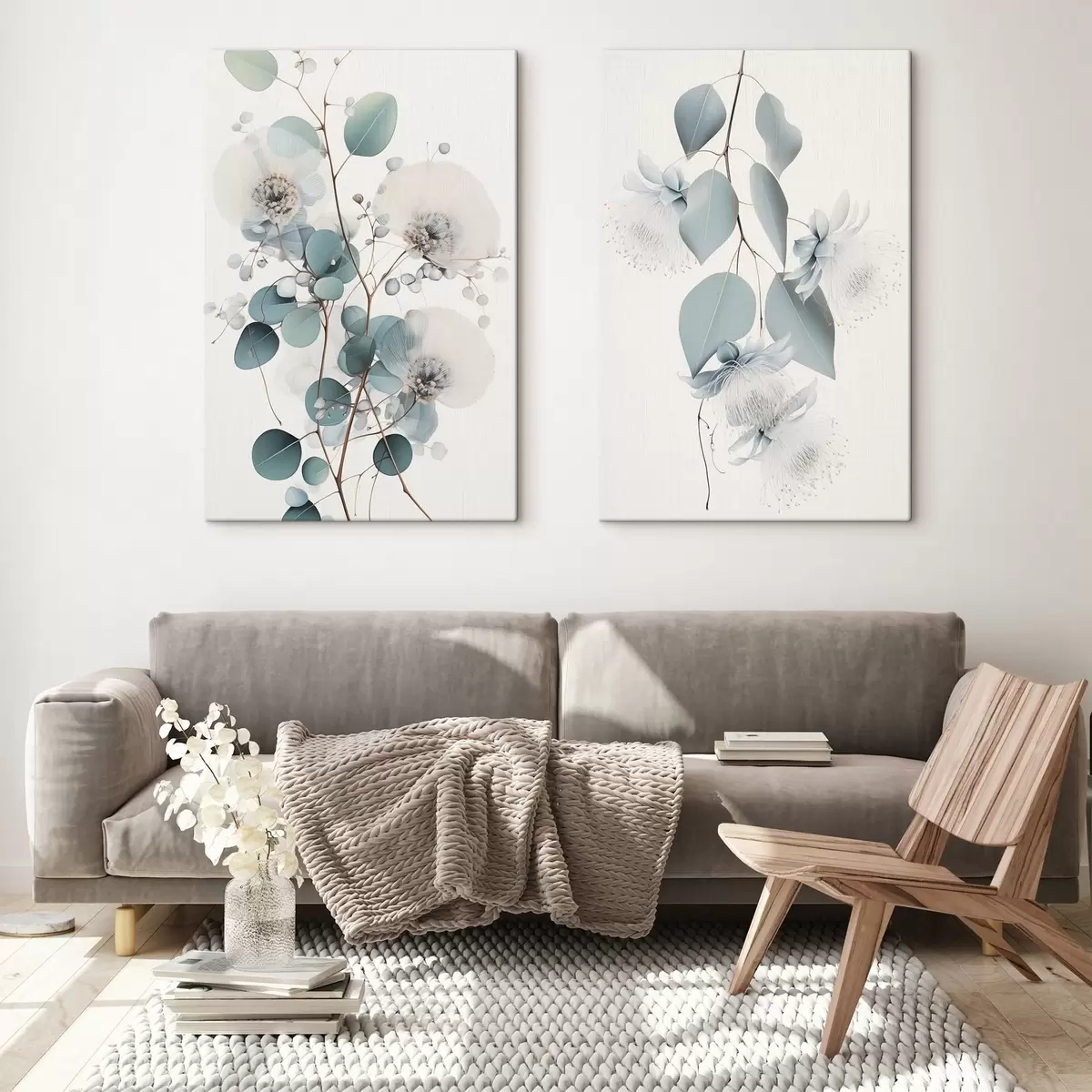 Tableau Branche d'eucalyptus avec des feuilles bleues et des fleurs blanches, fond clair m00829