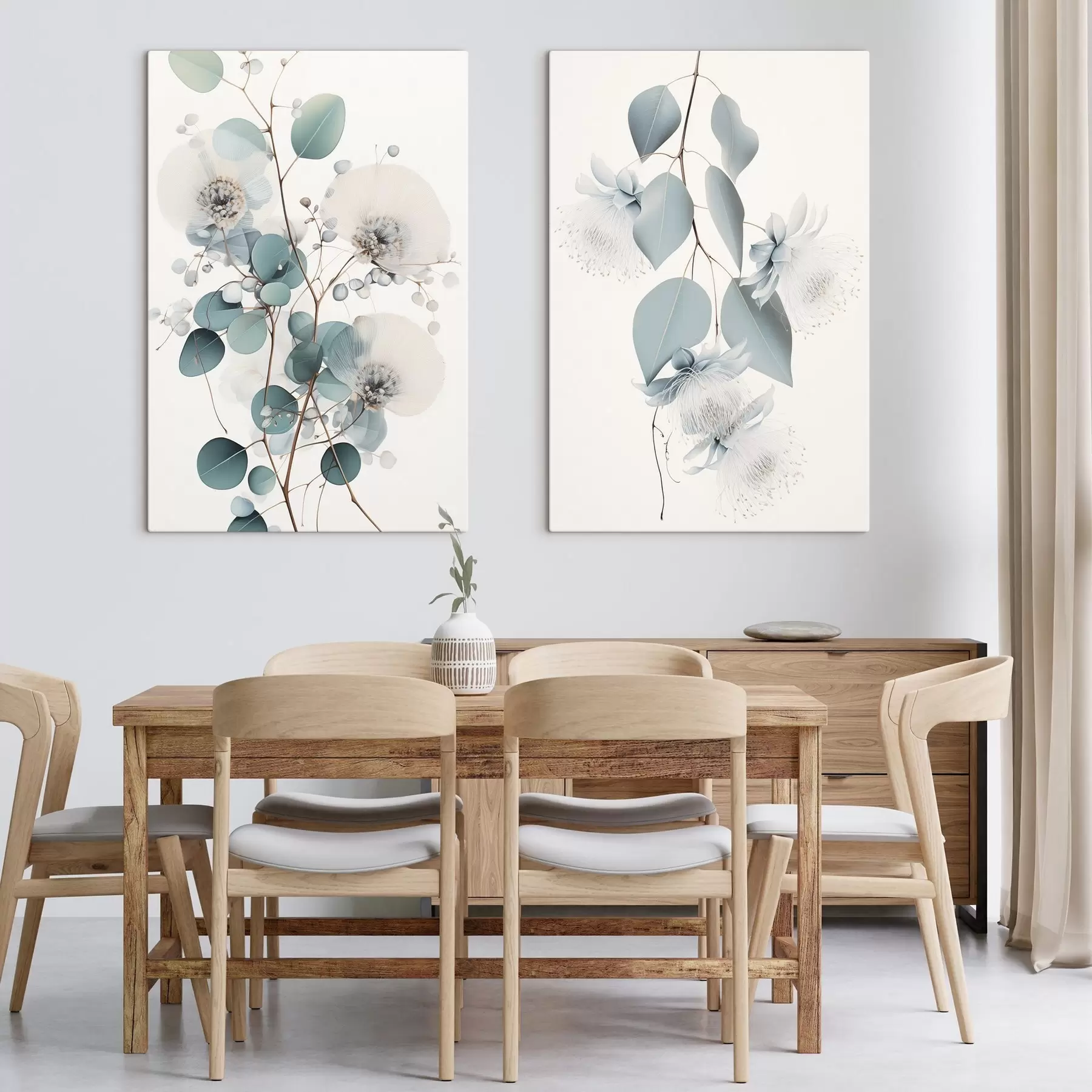 Tableau Branche d'eucalyptus avec des feuilles bleues et des fleurs blanches, fond clair m00829