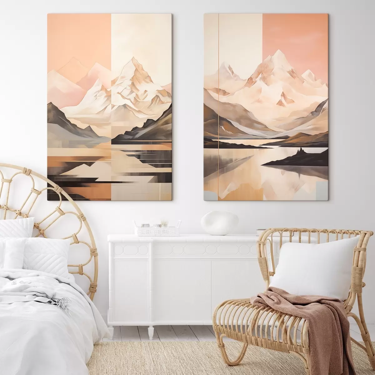 Tableau Paysage abstrait avec des montagnes et un lac, couleurs pastel, style minimaliste m00830