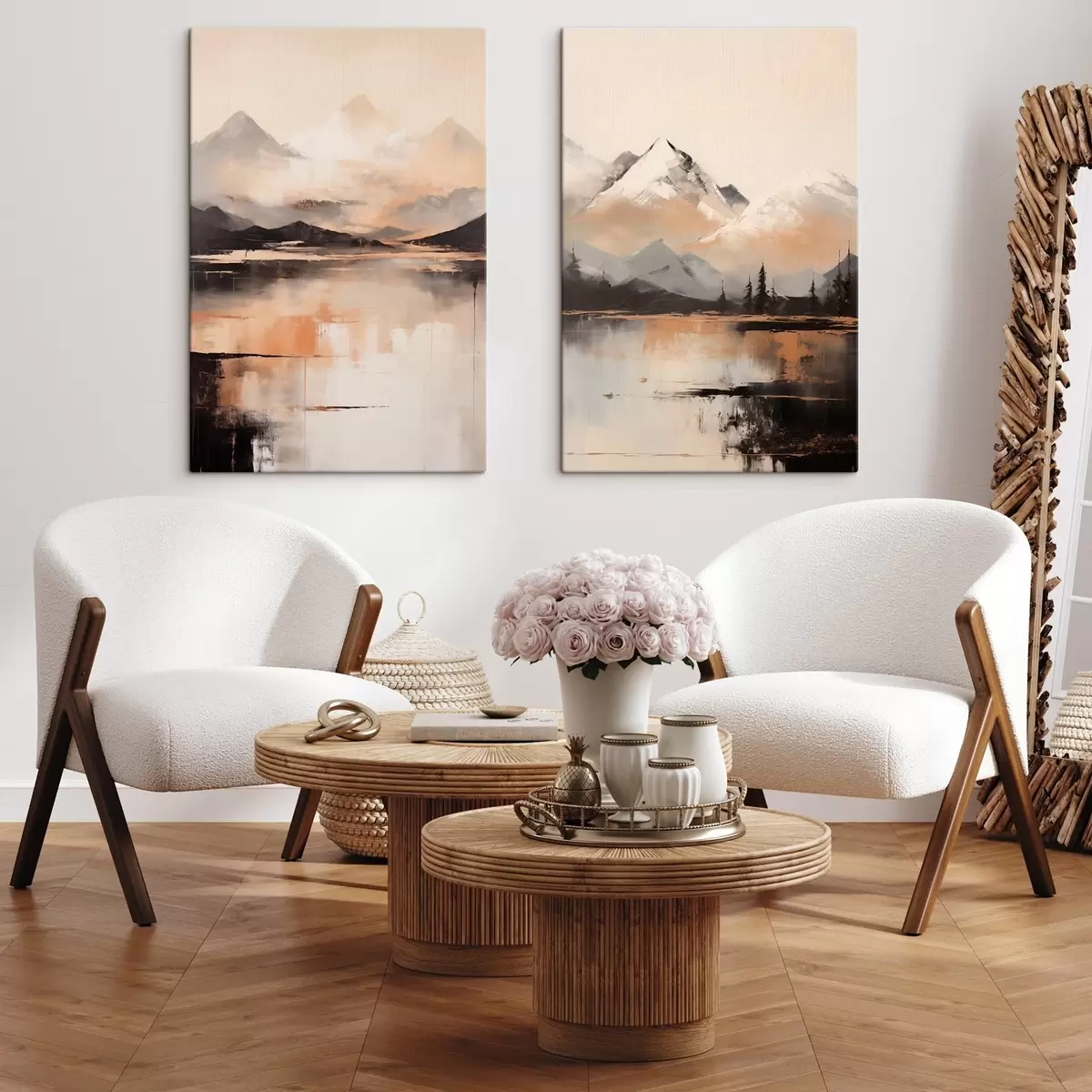 Tableau Une peinture imitant un paysage texturé représentant des montagnes et un lac m00831