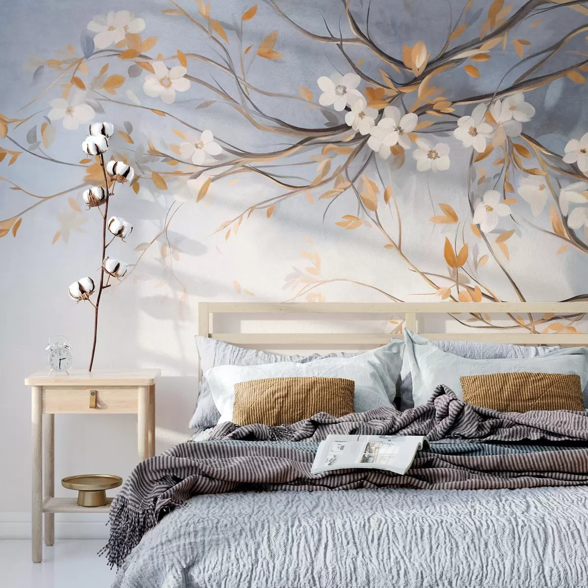 Papier peint Fleurs blanches avec des feuilles orange sur une branche d'arbre, fond texturé bleu clair, coups de pinceau délicats w09415